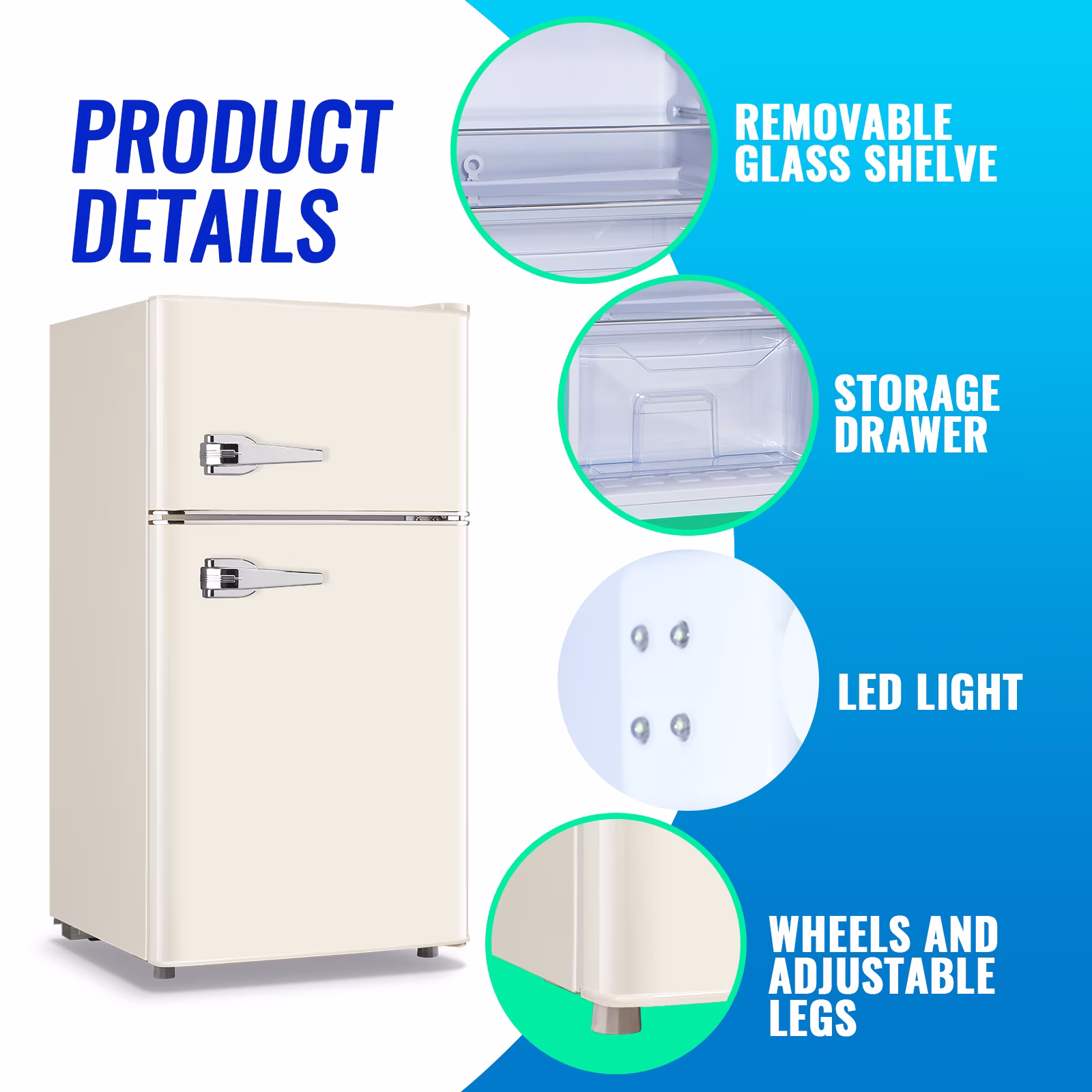 Tacool 3.5 Cu.ft Retro Mini Fridge with Freezer, 2 Door Small Refrigerator with 7 Adjustable Thermostat for Home, White - Image 2