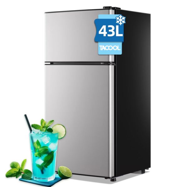 TACOOL Mini Refrigerator with Top Freezer 43 Liter Dual Door Small Refrigerator with 7-Level Adjustable Thermostat for Office, Silver