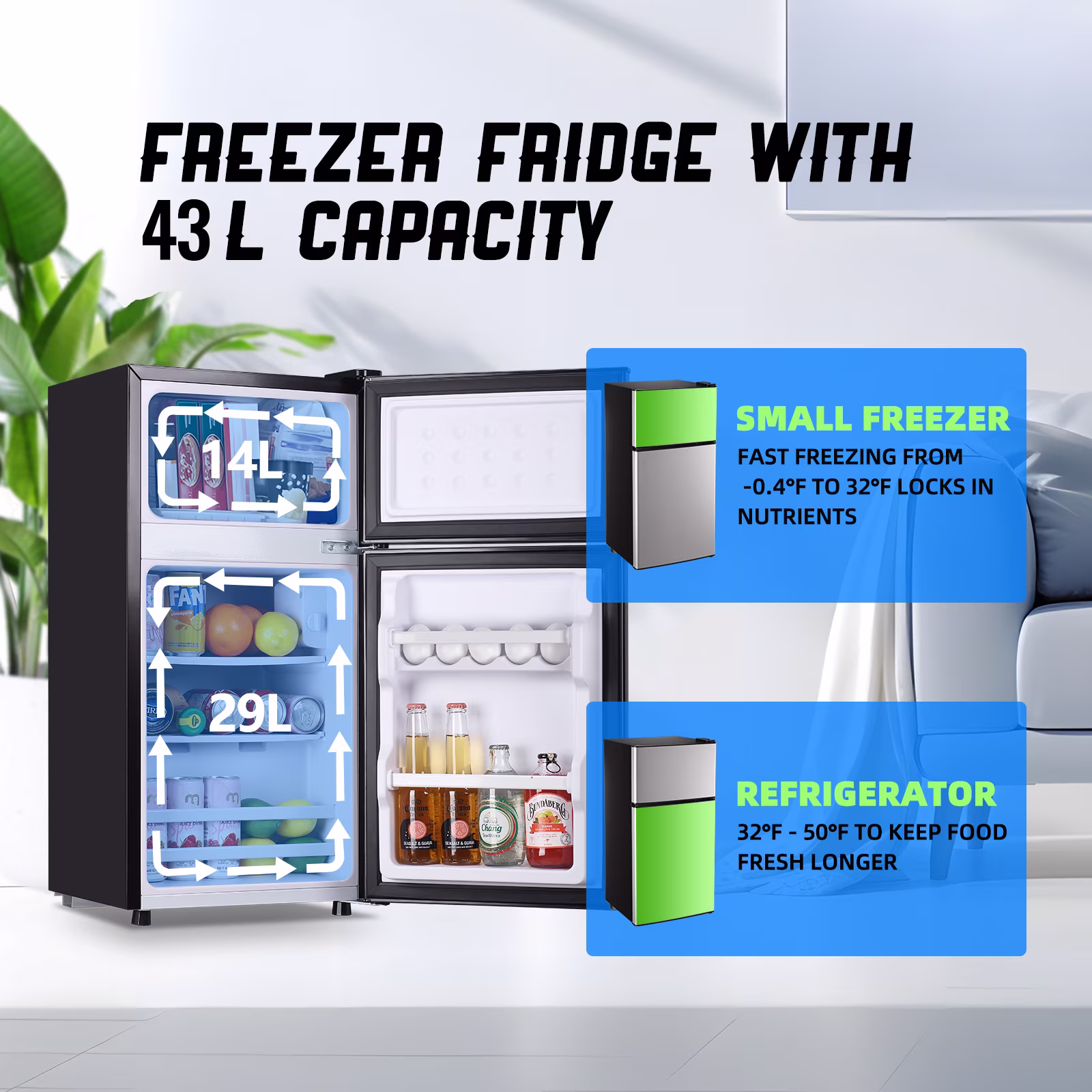 TACOOL Mini Refrigerator with Top Freezer 43 Liter Dual Door Small Refrigerator with 7-Level Adjustable Thermostat for Office, Silver - Image 2