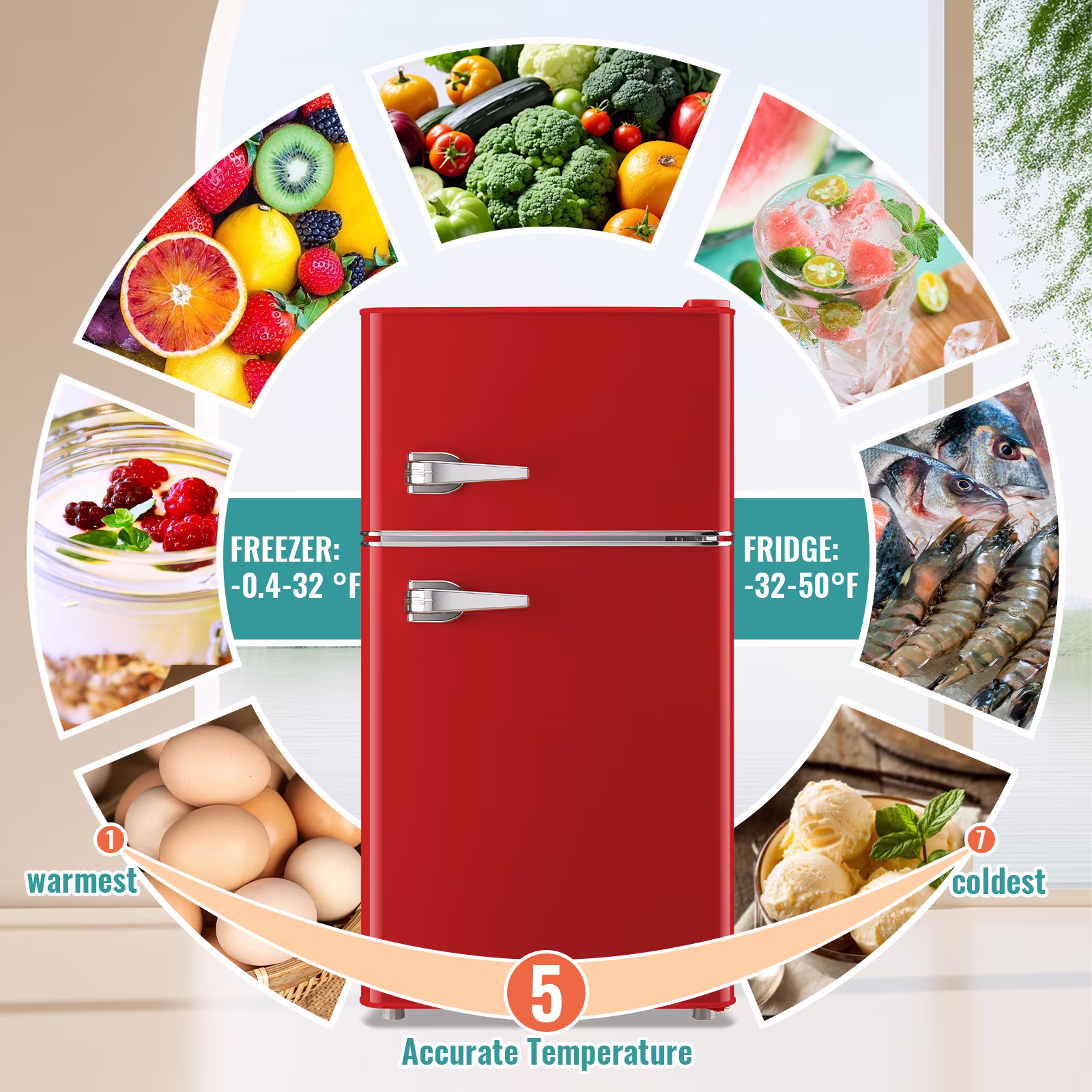 TACOOL Refrigerator with Top Freezer 3.5Cu.ft Two Door Small Mini Fridge with Extra Drink Space for Home Office Dorm Red - Image 4