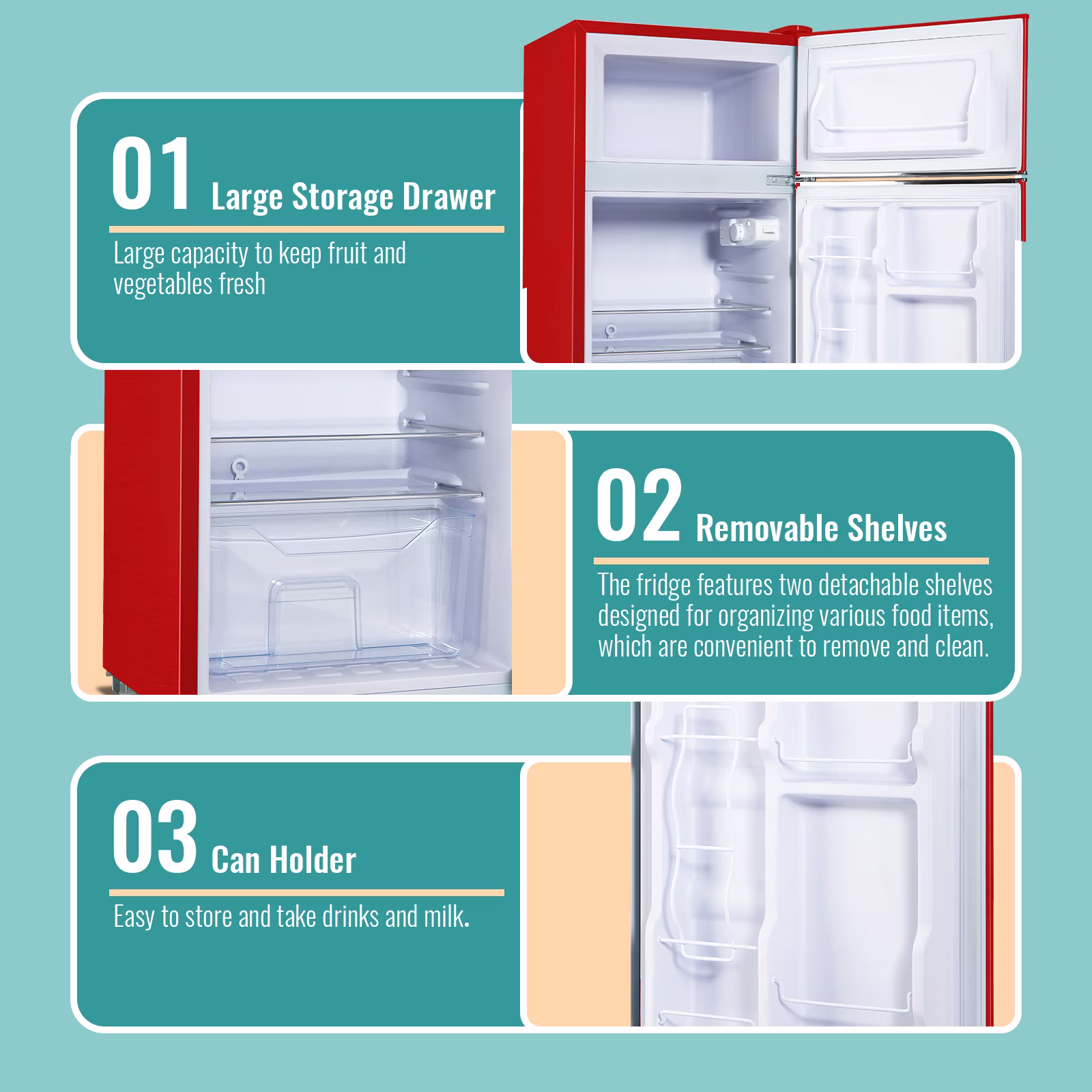TACOOL Refrigerator with Top Freezer 3.5Cu.ft Two Door Small Mini Fridge with Extra Drink Space for Home Office Dorm Red - Image 3