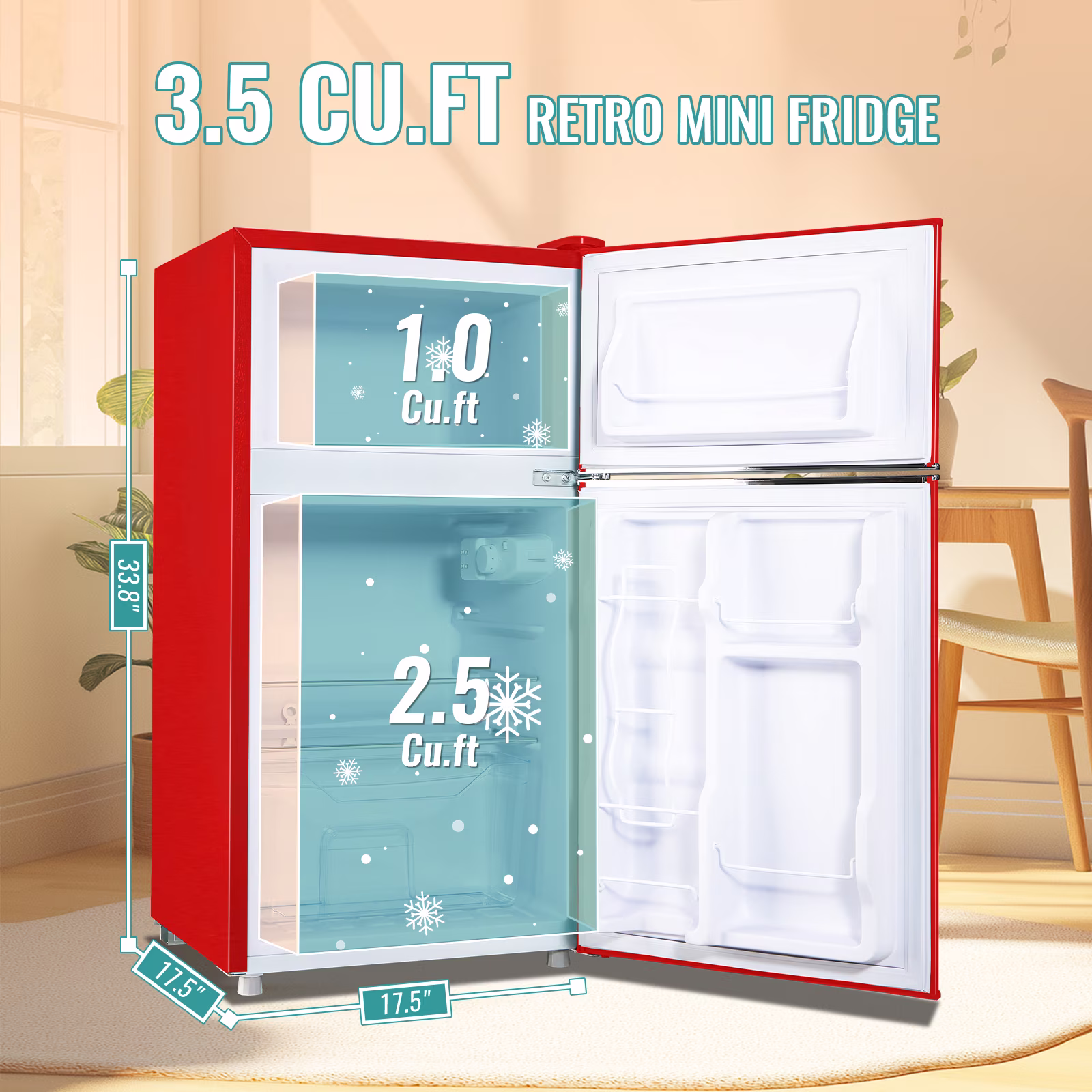 TACOOL Refrigerator with Top Freezer 3.5Cu.ft Two Door Small Mini Fridge with Extra Drink Space for Home Office Dorm Red - Image 5