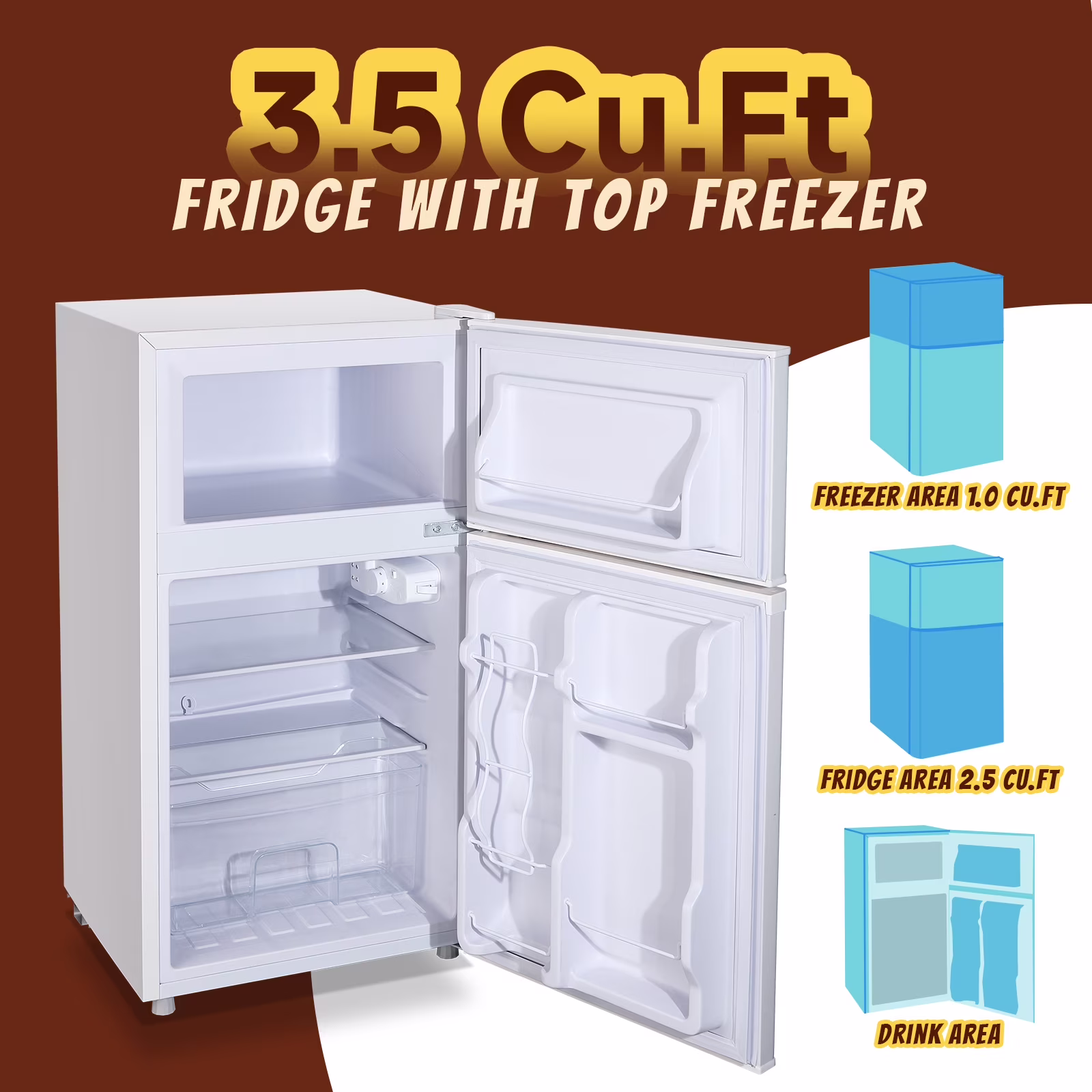 TACOOL Retro Mini Fridge with Dual Door 3.5Cu.ft Small Refrigerator with Freezer For Home White - Image 2