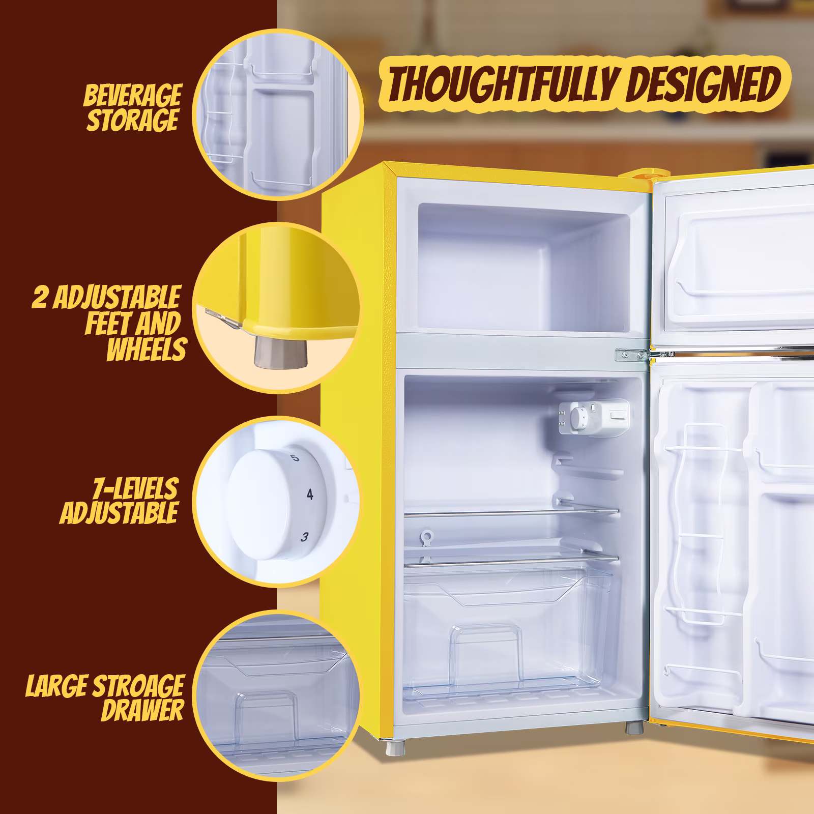TACOOL Retro Yellow Mini Fridge with Handle Dual Door 3.5Cu.ft Samll Refrigerator with Freezer For Home - Image 2