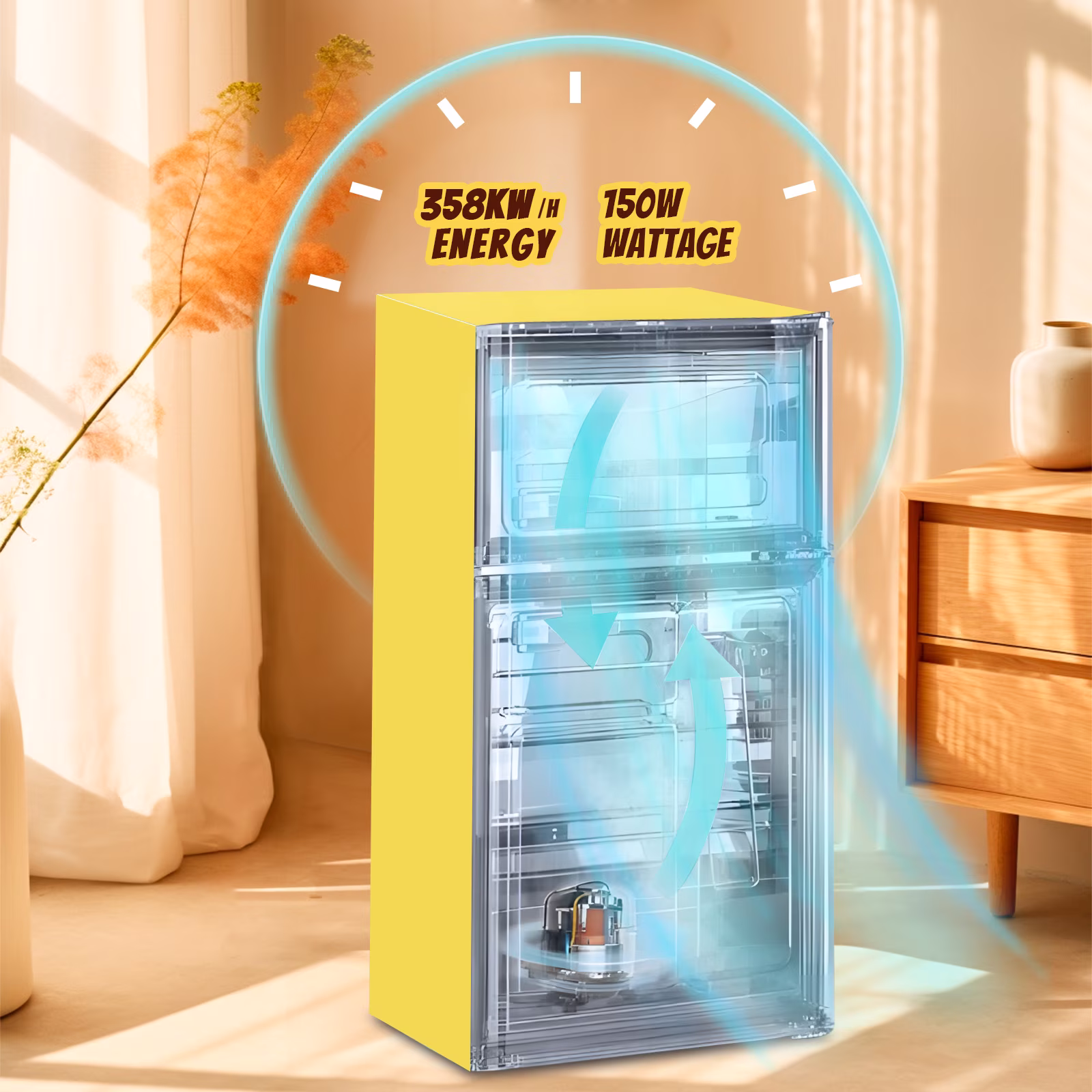 TACOOL Retro Yellow Mini Fridge with Handle Dual Door 3.5Cu.ft Samll Refrigerator with Freezer For Home - Image 4