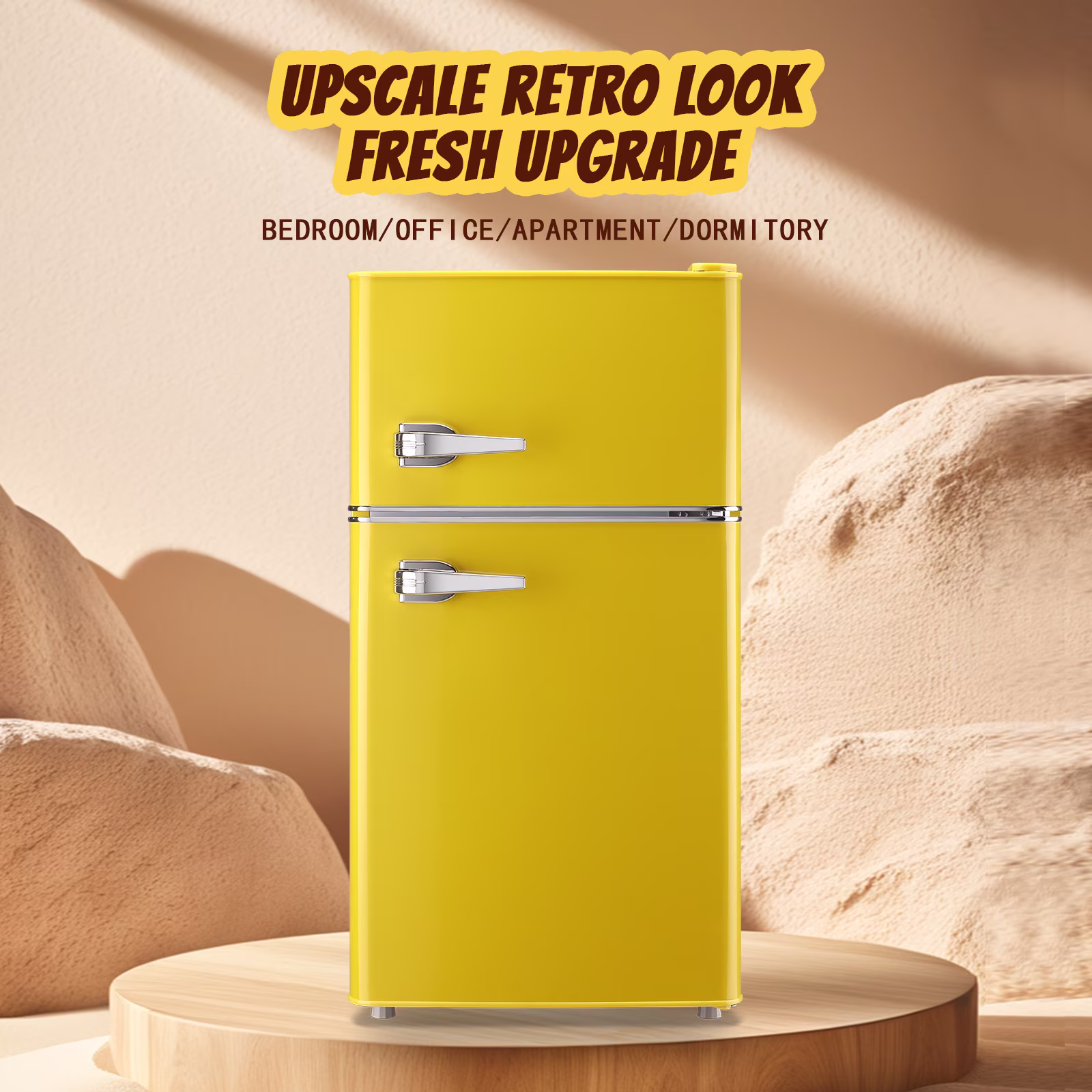 TACOOL Retro Yellow Mini Fridge with Handle Dual Door 3.5Cu.ft Samll Refrigerator with Freezer For Home - Image 5