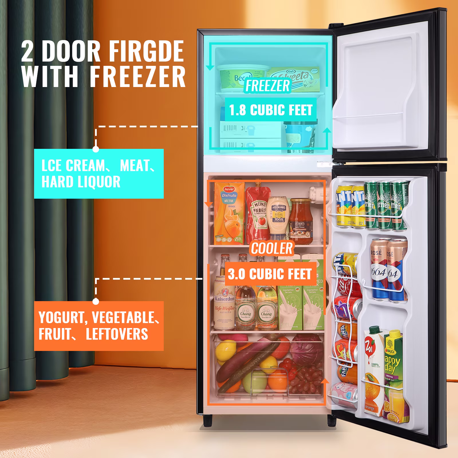 TACOOL Small Mini Fridge with Freezer 4.8Cu.ft Two Door Compact Refrigerator, Low Noise, Energy Saving, Black, New - Image 3