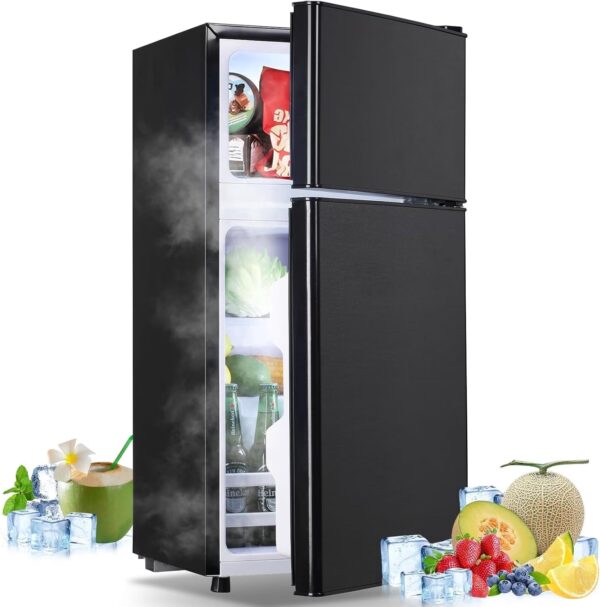 Tacool Small Mini Fridge with Top Freezer Compact Refrigerator Dual Door with Adjustable Thermostat Black for Home New