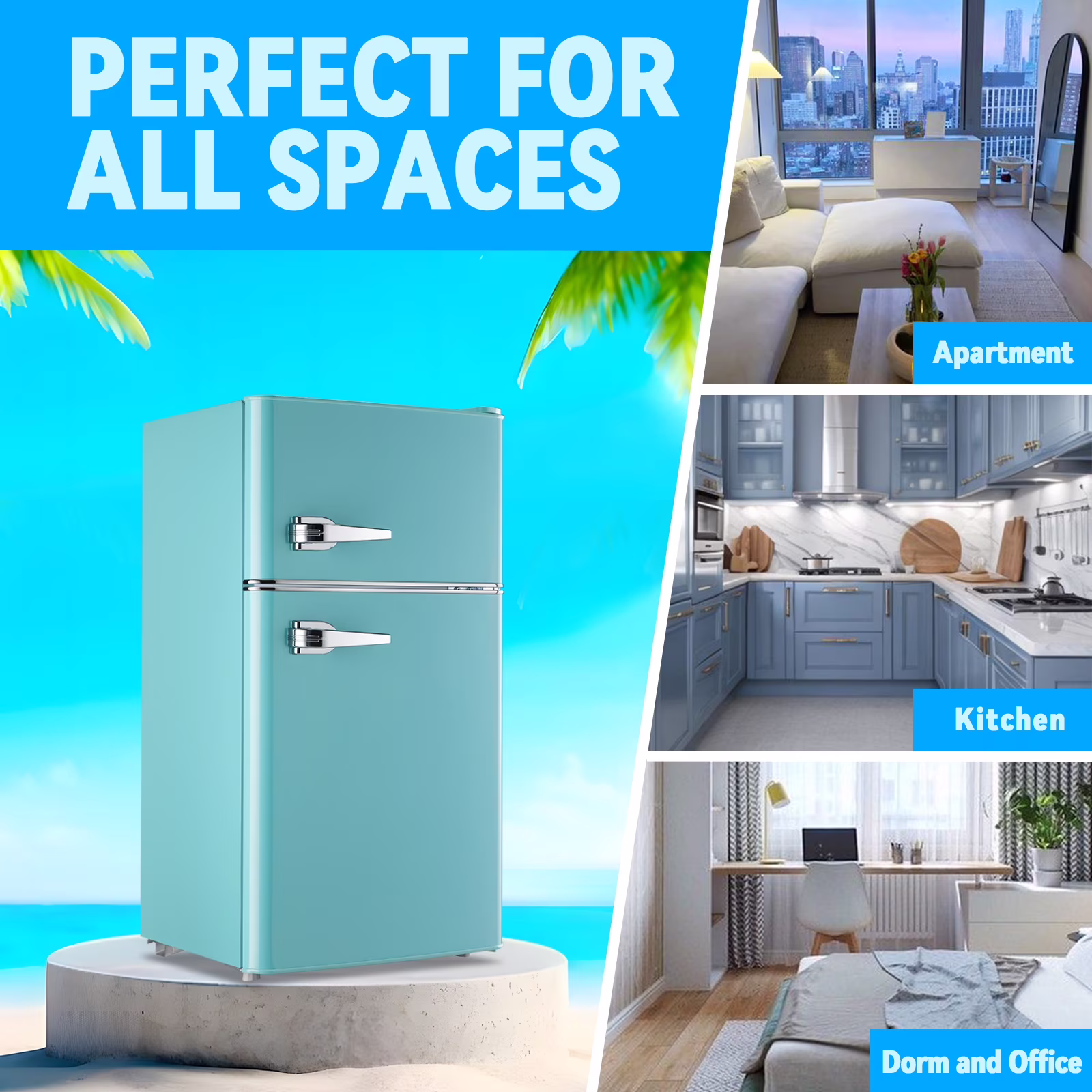 TACOOL Small Refrigerator with Freezer Retro Mini Fridge with Removable Shelves LED Light for Apartment 3.4Cu.Ft Blue - Image 5