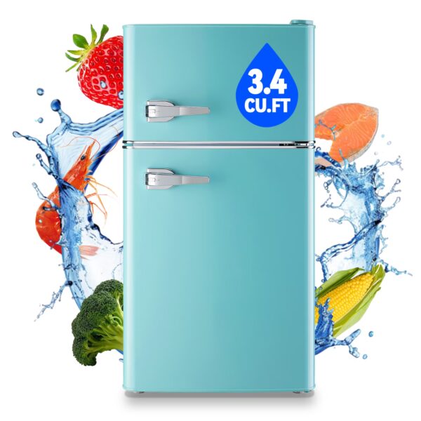 TACOOL Small Refrigerator with Freezer Retro Mini Fridge with Removable Shelves LED Light for Apartment 3.4Cu.Ft Blue
