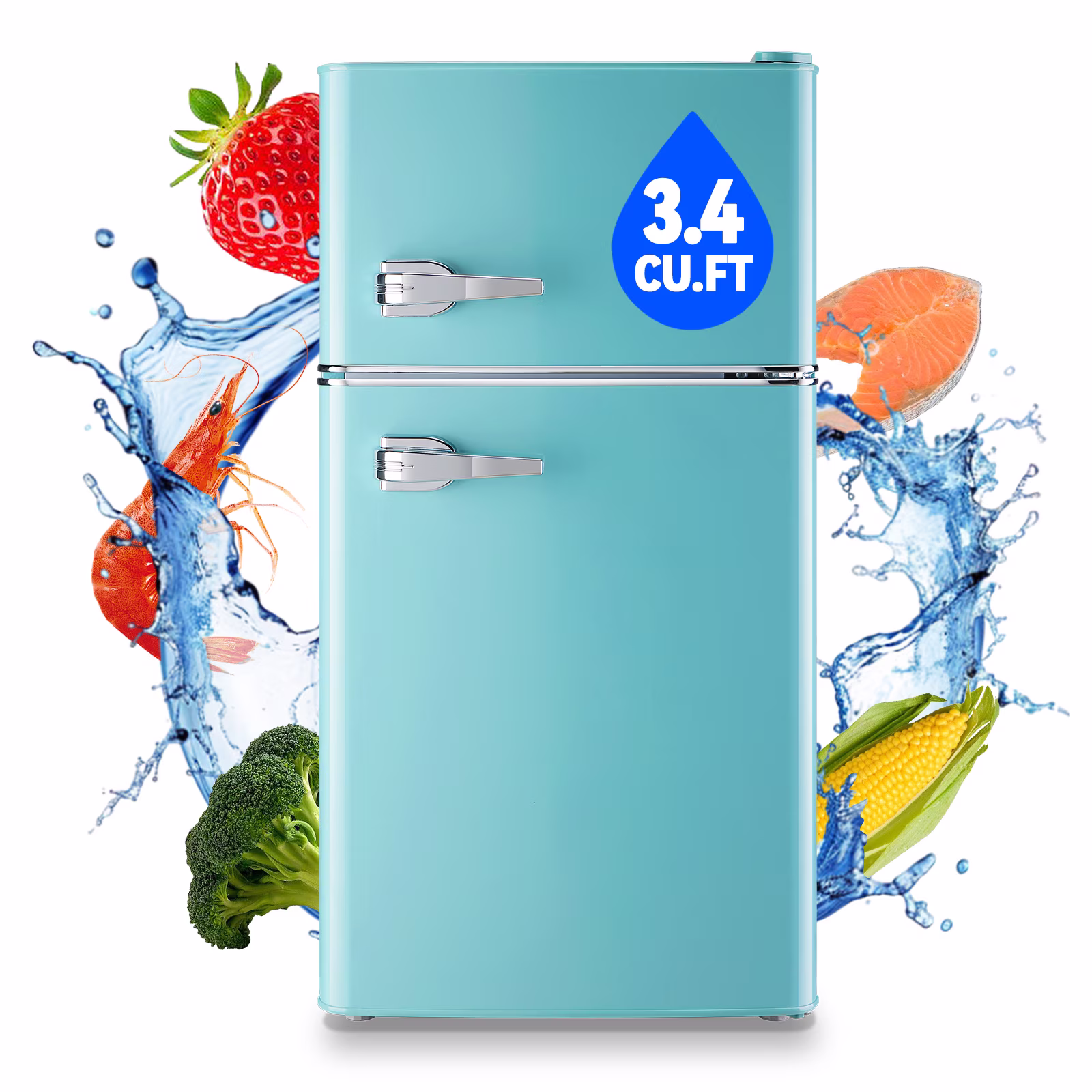 TACOOL Small Refrigerator with Freezer Retro Mini Fridge with Removable Shelves LED Light for Apartment 3.4Cu.Ft Blue