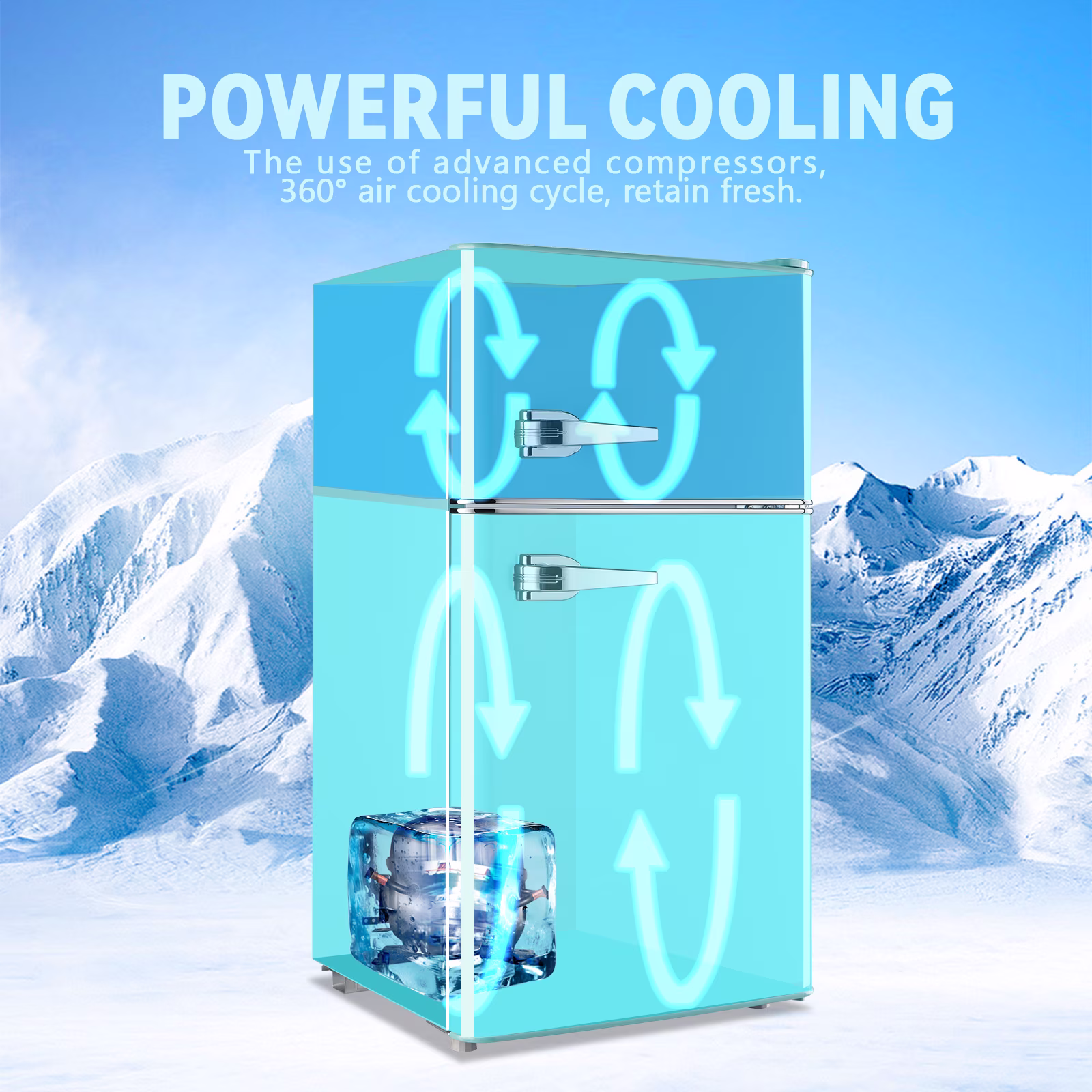 TACOOL Small Refrigerator with Freezer Retro Mini Fridge with Removable Shelves LED Light for Apartment 3.4Cu.Ft Blue - Image 2