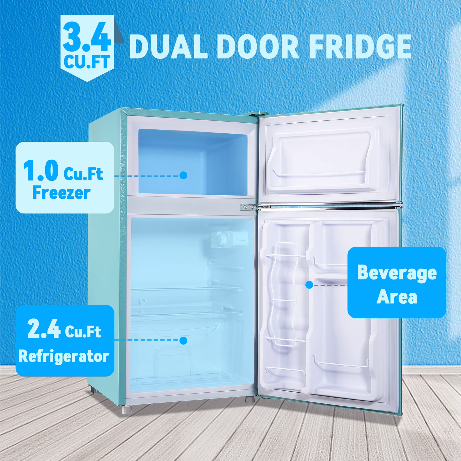 TACOOL Small Refrigerator with Freezer Retro Mini Fridge with Removable Shelves LED Light for Apartment 3.4Cu.Ft Blue - Image 4