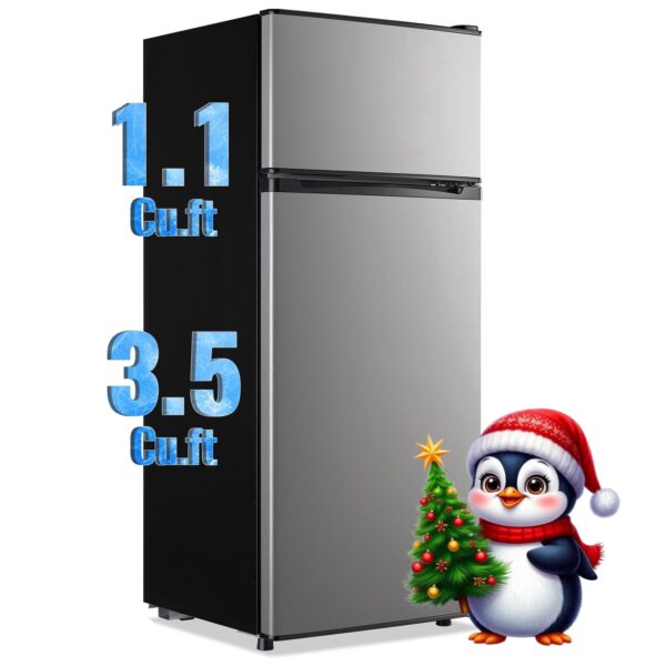 TACOOL Small Refrigerator with Top Freezer 4.6Cu.ft Two Door Mini Fridge with LED Light Extra Drink Space for Apartment Silver
