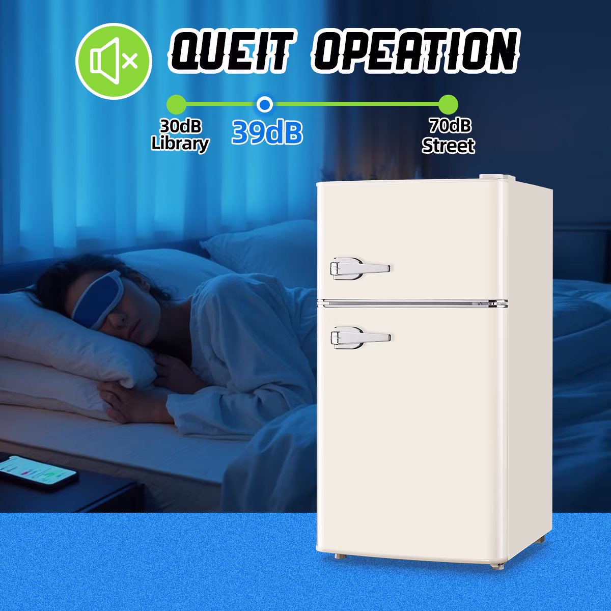 TACOOL Small Retro Mini Fridge with Top Freezer 100 Liter Dual Door Compact Refrigerator with Adjustable Thermostat LED Light, Low Noise for Dorm Cream White - Image 2