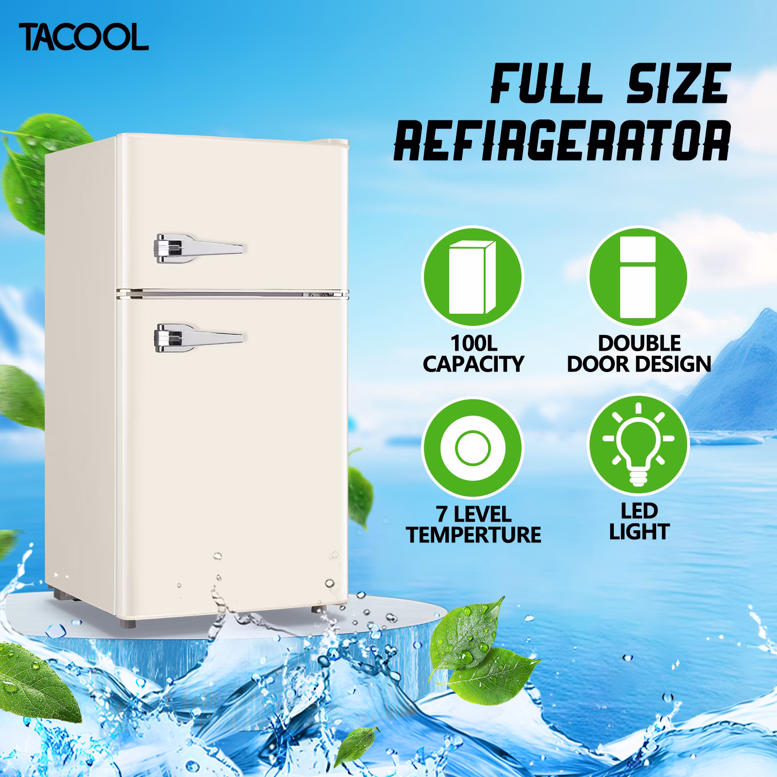 TACOOL Small Retro Mini Fridge with Top Freezer 100 Liter Dual Door Compact Refrigerator with Adjustable Thermostat LED Light, Low Noise for Dorm Cream White - Image 5