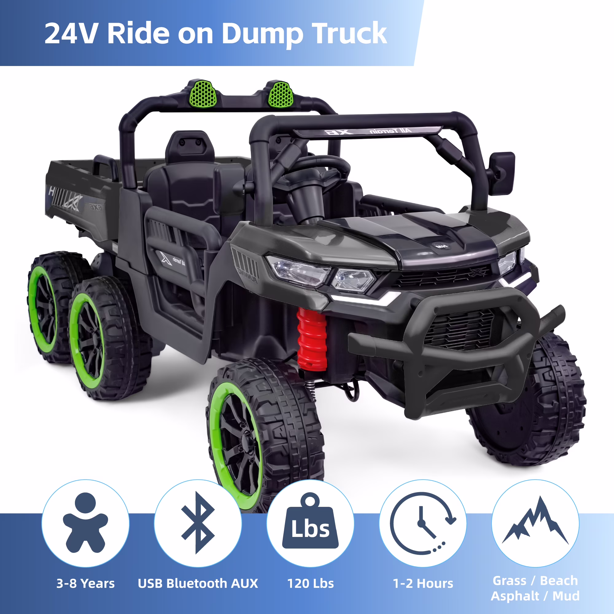 TCARAIWEN 24V 2-Seater Ride On Dump Truck,Ride on Car Truck,Ride on UTV W/,Ride on Toys W/ Dump Bed/Shovel, LED Light, Music, Remote Control,6 Wheels 4WD Ride On Toys for Boys Girls (Ages 3+)Black - Image 3