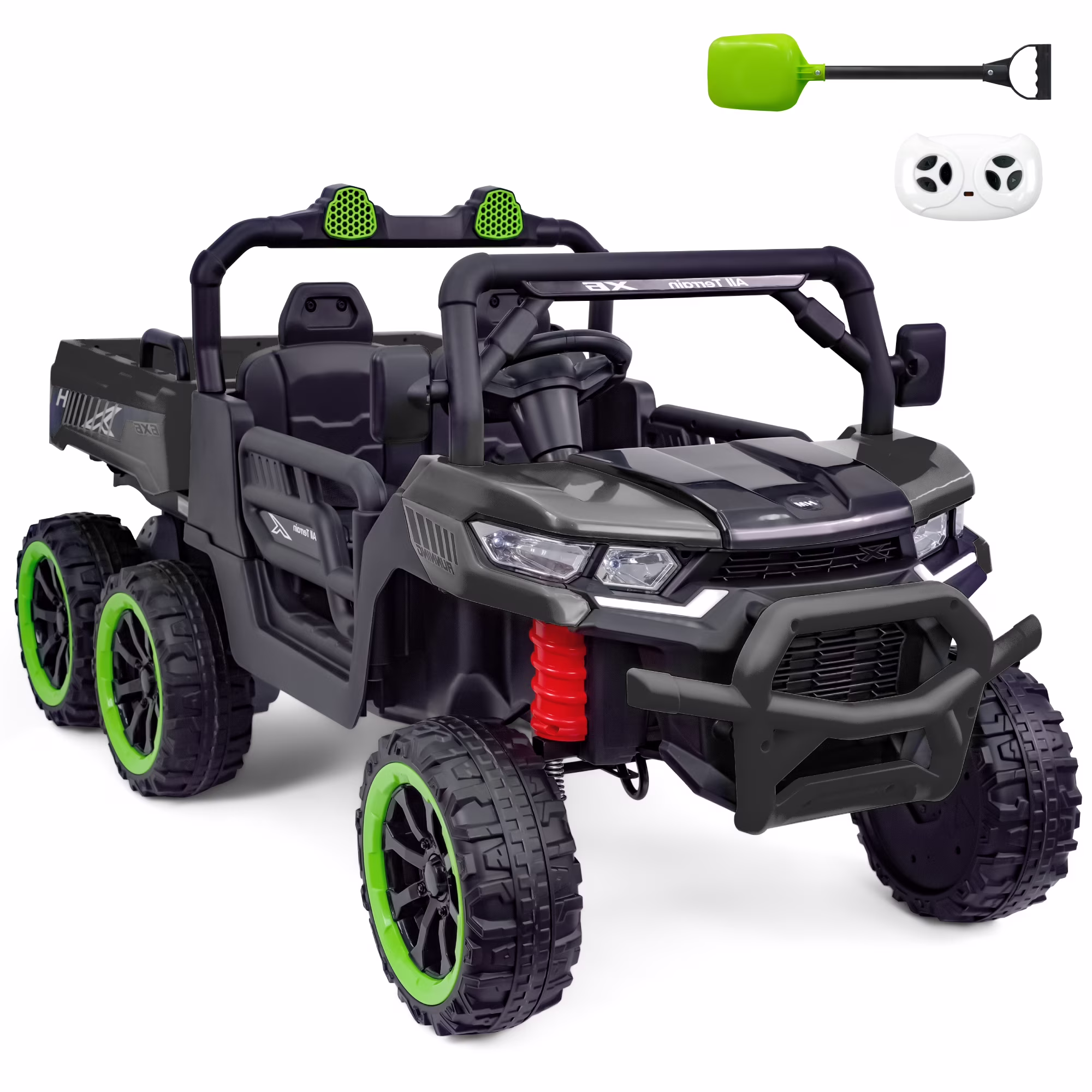 TCARAIWEN 24V 2-Seater Ride On Dump Truck,Ride on Car Truck,Ride on UTV W/,Ride on Toys W/ Dump Bed/Shovel, LED Light, Music, Remote Control,6 Wheels 4WD Ride On Toys for Boys Girls (Ages 3+)Black