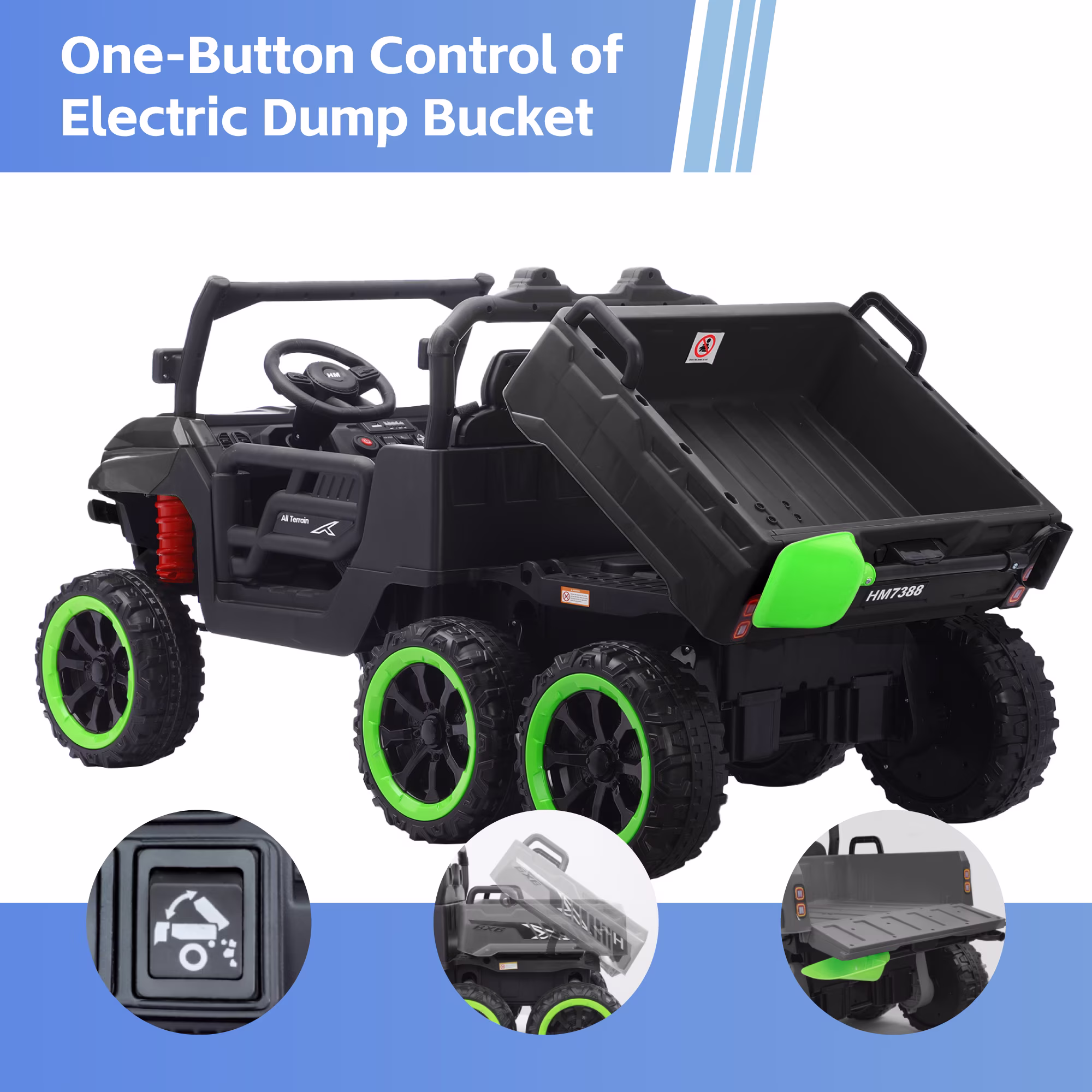 TCARAIWEN 24V Ride On 2 Seater Dump Truck with Remote Control, Ride on UTV W/,2 Speed 4WD Power Ride Cars 6x6 Wheels Ride on Toys W/ Dump Bed/Shovel for Boys Girls,Black - Image 5
