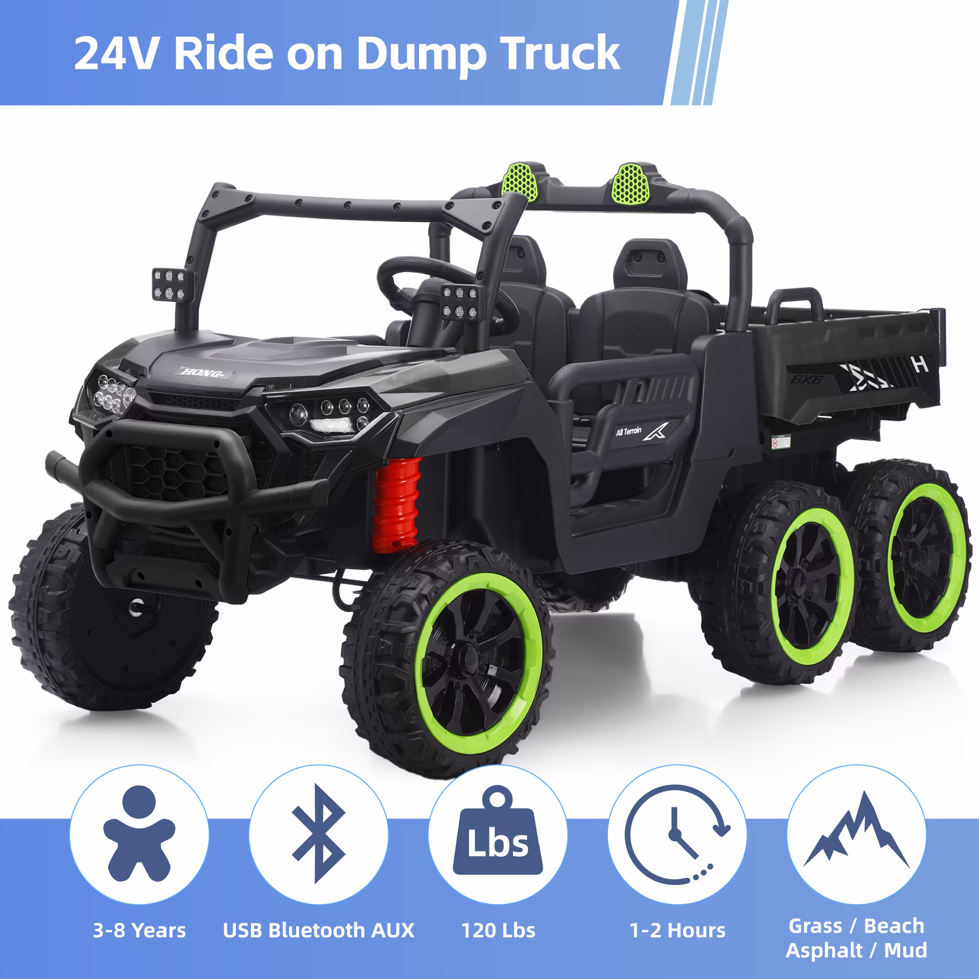 TCARAIWEN 24V Ride On 2 Seater Dump Truck with Remote Control, Ride on UTV W/,2 Speed 4WD Power Ride Cars 6x6 Wheels Ride on Toys W/ Dump Bed/Shovel for Boys Girls,Black - Image 3