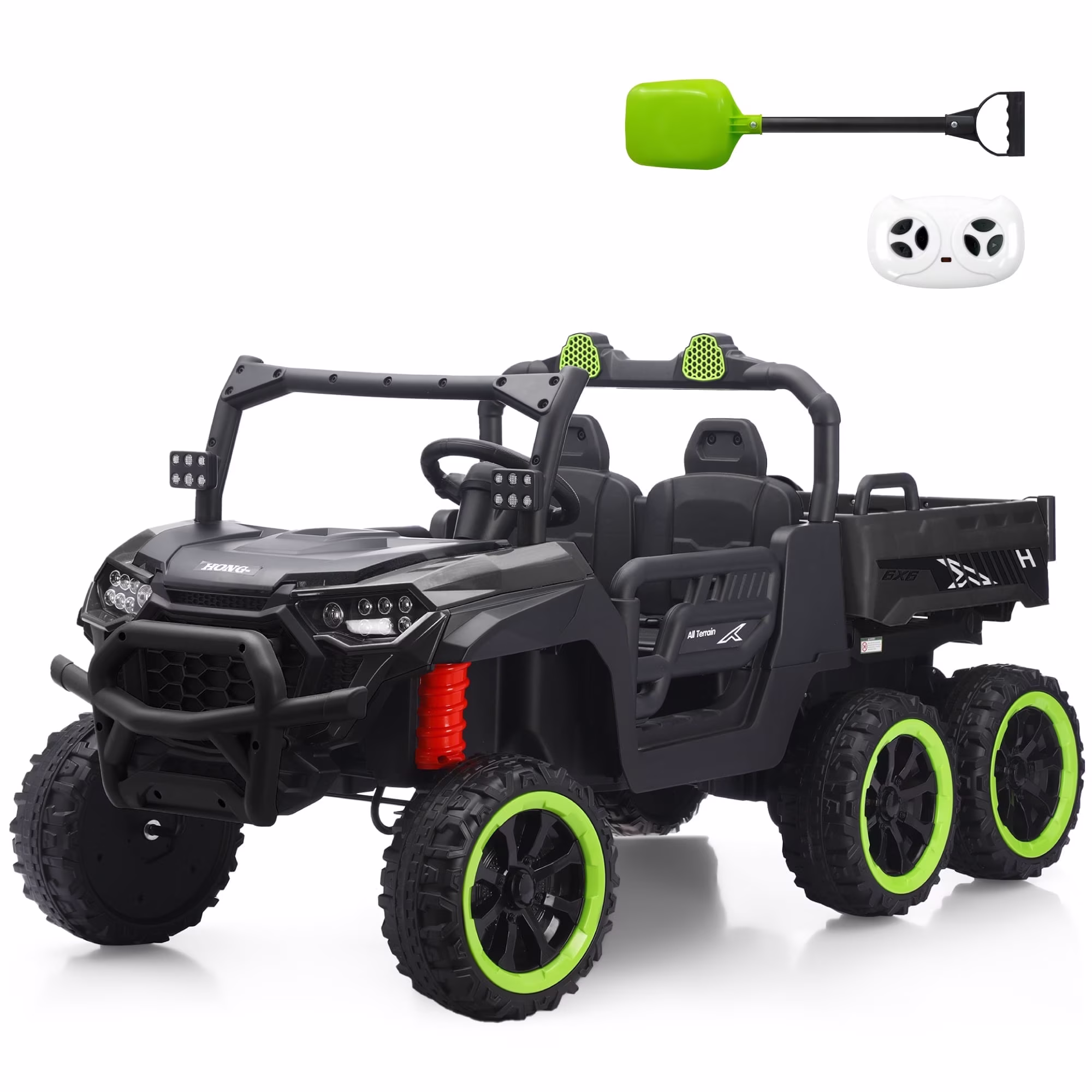 TCARAIWEN 24V Ride On 2 Seater Dump Truck with Remote Control, Ride on UTV W/,2 Speed 4WD Power Ride Cars 6x6 Wheels Ride on Toys W/ Dump Bed/Shovel for Boys Girls,Black