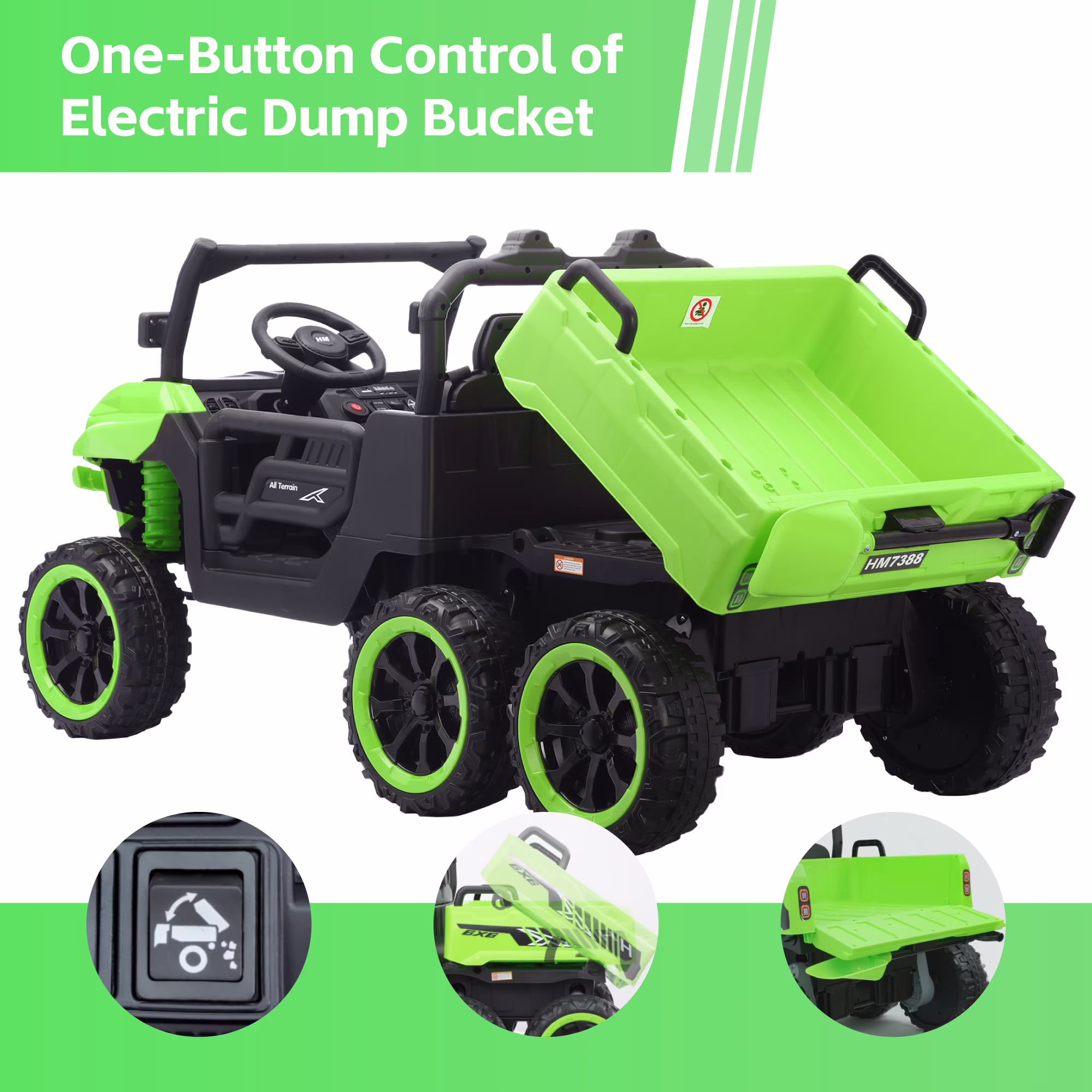 TCARAIWEN 24V Ride On 2 Seater Dump Truck with Remote Control, Ride on UTV W/,2 Speed 4WD Power Ride Cars 6x6 Wheels Ride on Toys W/ Dump Bed/Shovel for Boys Girls,Green - Image 4