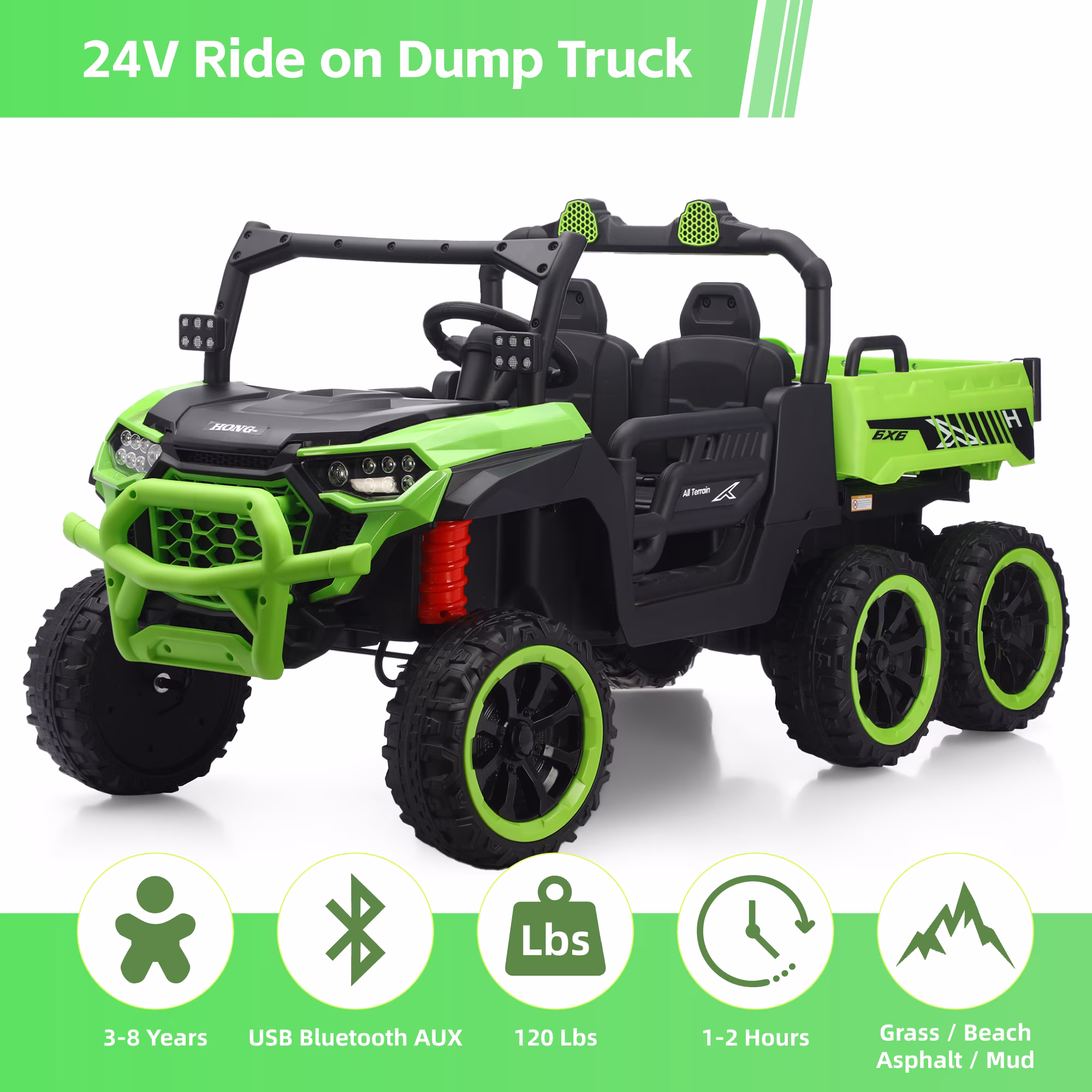 TCARAIWEN 24V Ride On 2 Seater Dump Truck with Remote Control, Ride on UTV W/,2 Speed 4WD Power Ride Cars 6x6 Wheels Ride on Toys W/ Dump Bed/Shovel for Boys Girls,Green - Image 5
