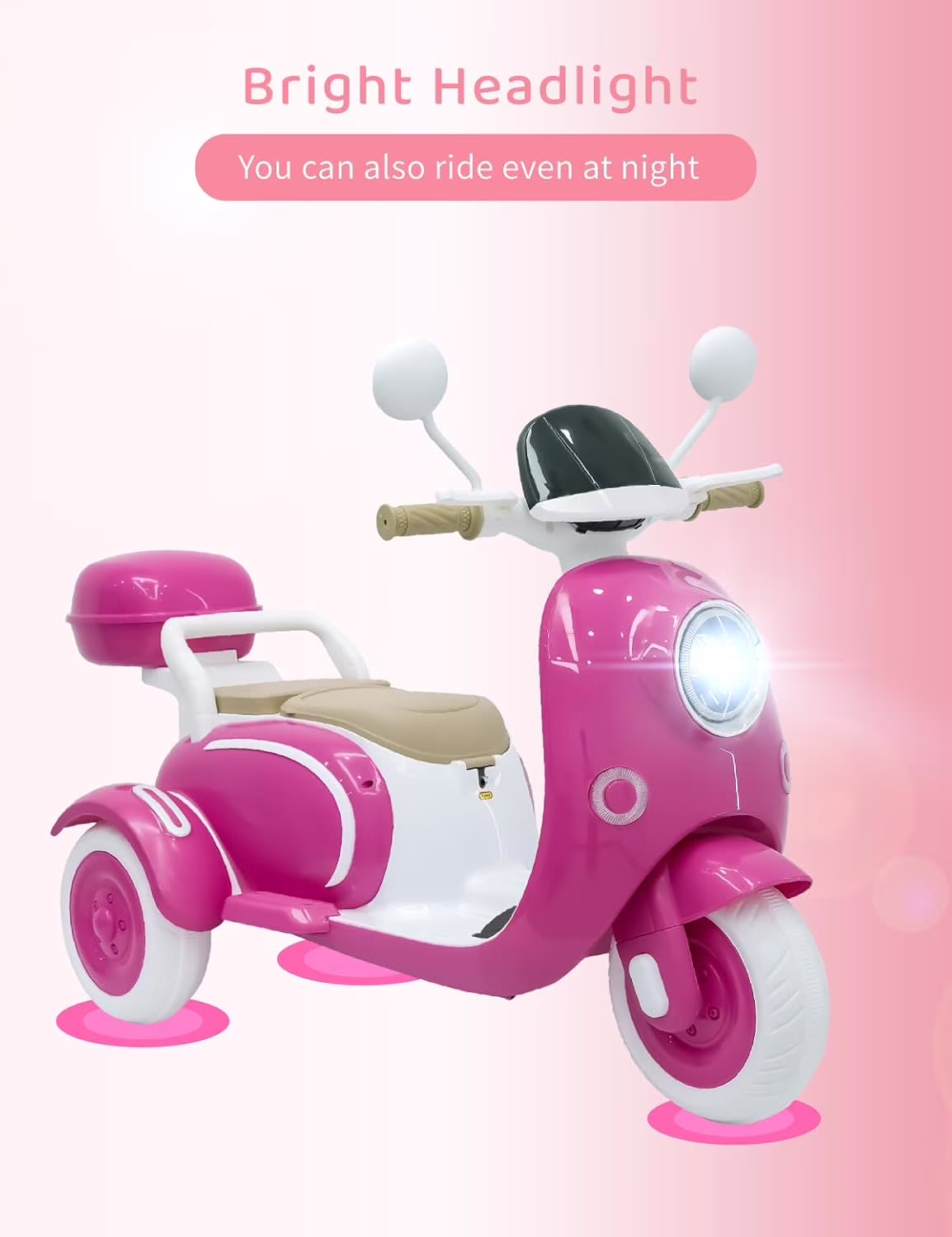 TCARAIWEN Girls Electric Motorcycle, 2 Seats Kids Motorcycle,12V Ride On Scooter for Kids with Storage Compartments, Cute Design with Stable 3-Wheel Structure, Ideal Moped for Girls Ages 3-6 (Rose) - Image 3