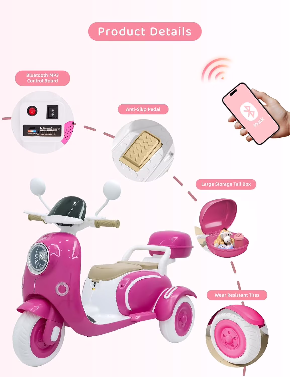 TCARAIWEN Girls Electric Motorcycle, 2 Seats Kids Motorcycle,12V Ride On Scooter for Kids with Storage Compartments, Cute Design with Stable 3-Wheel Structure, Ideal Moped for Girls Ages 3-6 (Rose) - Image 2