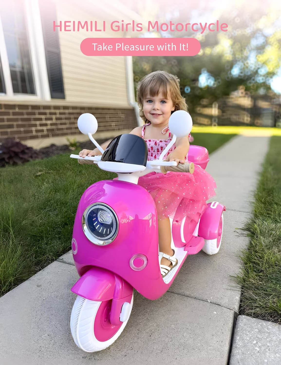 TCARAIWEN Girls Electric Motorcycle, 2 Seats Kids Motorcycle,12V Ride On Scooter for Kids with Storage Compartments, Cute Design with Stable 3-Wheel Structure, Ideal Moped for Girls Ages 3-6 (Rose) - Image 5