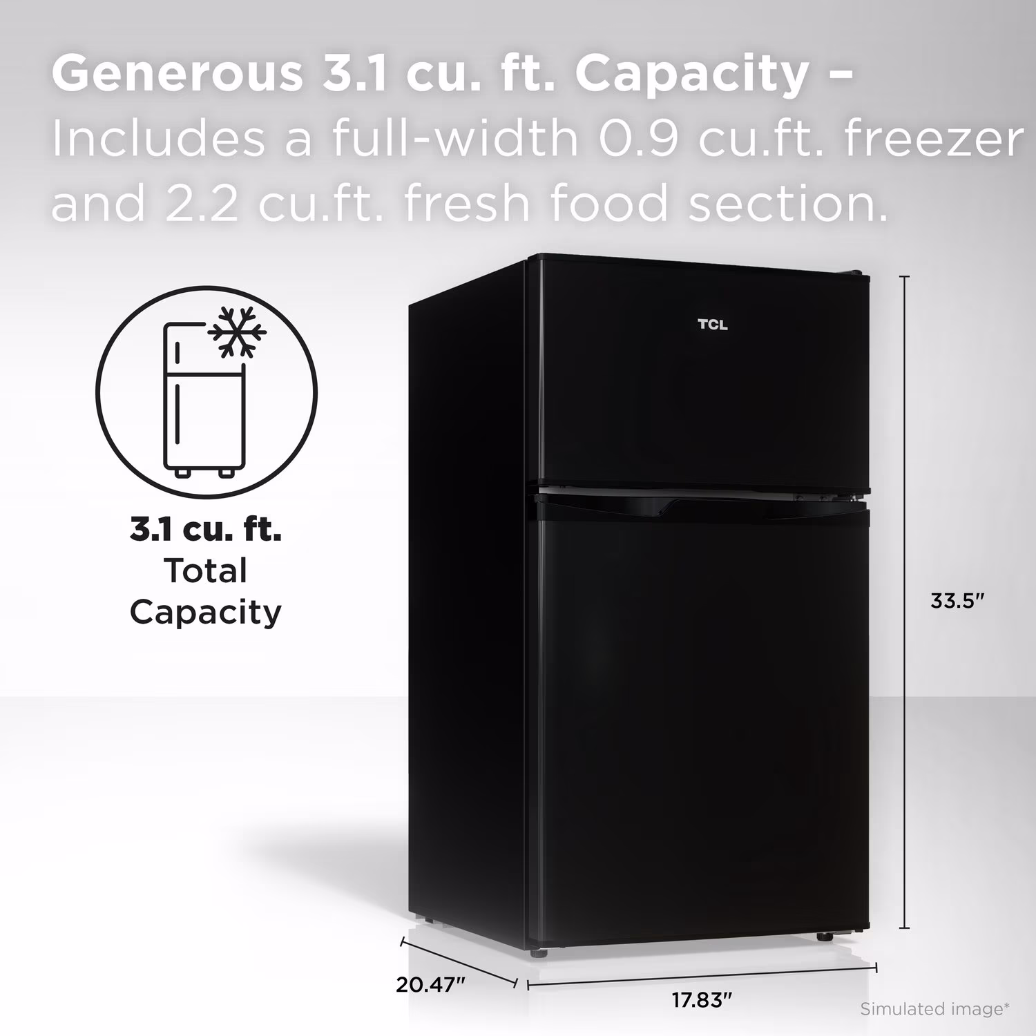 TCL Black Compact Two-Door Refrigerator with Freezer for Dorm, Office & Garage, 3.1 Cu. - Image 2