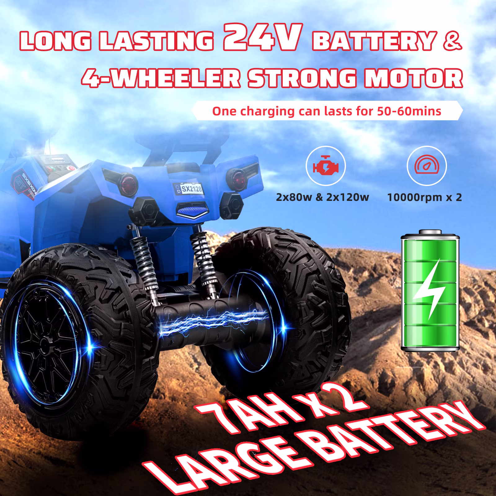 Telyswee Kids ATV 24V Ride on Car 4WD Quad Electric Vehicle, 4x80W Powerful Engine, with 7AHx2 Large Battery, Accelerator Handle, EVA Tires, LED Light, Full Metal Suspensions, Bluetooths & Music - Image 3