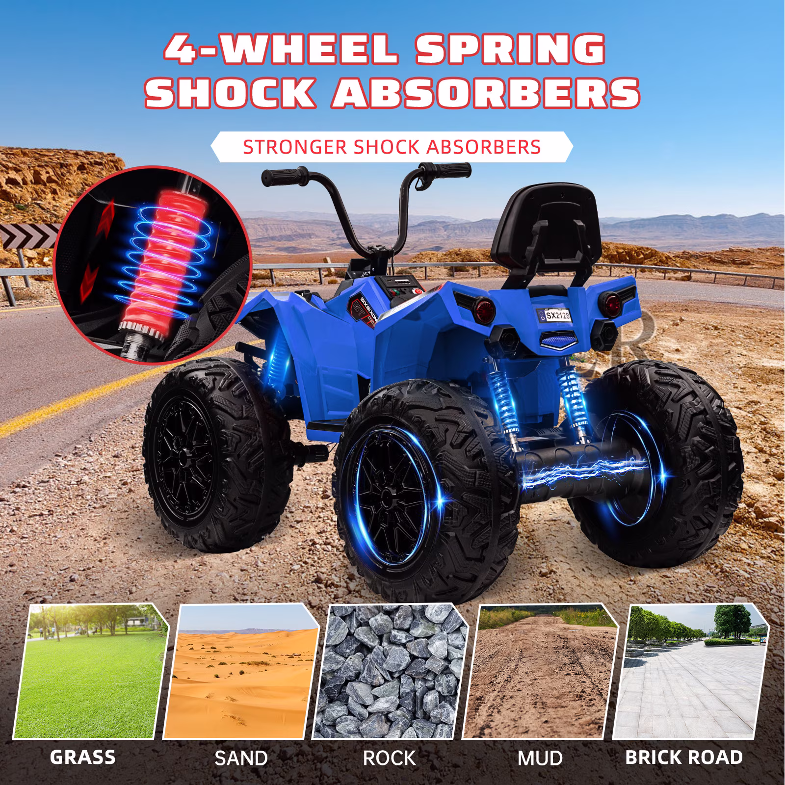 Telyswee Kids ATV 24V Ride on Car 4WD Quad Electric Vehicle, 4x80W Powerful Engine, with 7AHx2 Large Battery, Accelerator Handle, EVA Tires, LED Light, Full Metal Suspensions, Bluetooths & Music - Image 4