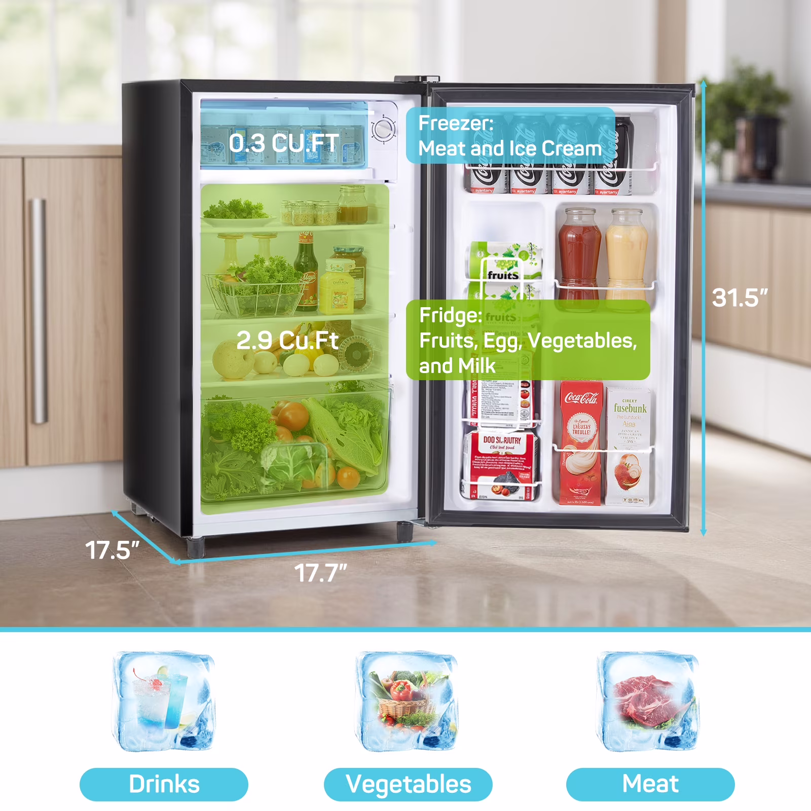 TINKLE WELL 3.2 Cu Ft Mini Fridge with Freezer, Compact Single Door Refrigerator, Energy Efficient, Low Noise, Adjustable Thermostat for Bedroom, Dorm, Office, silver - Image 5