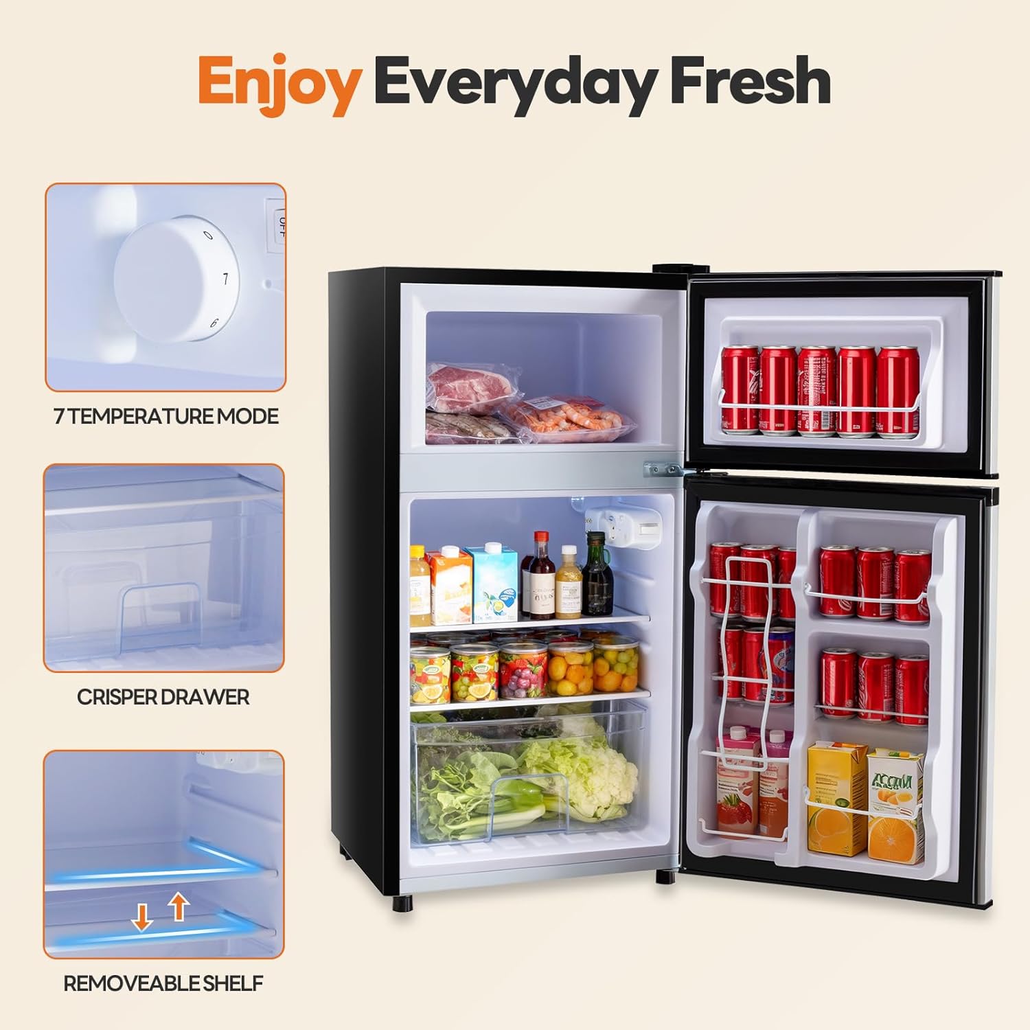 TINKLE WELL 3.2 Cu.ft Mini Fridge with Freezer, On Sale Compact Dual-Door Refrigerator for Bedroom, Dorm & Office, Black - Image 5