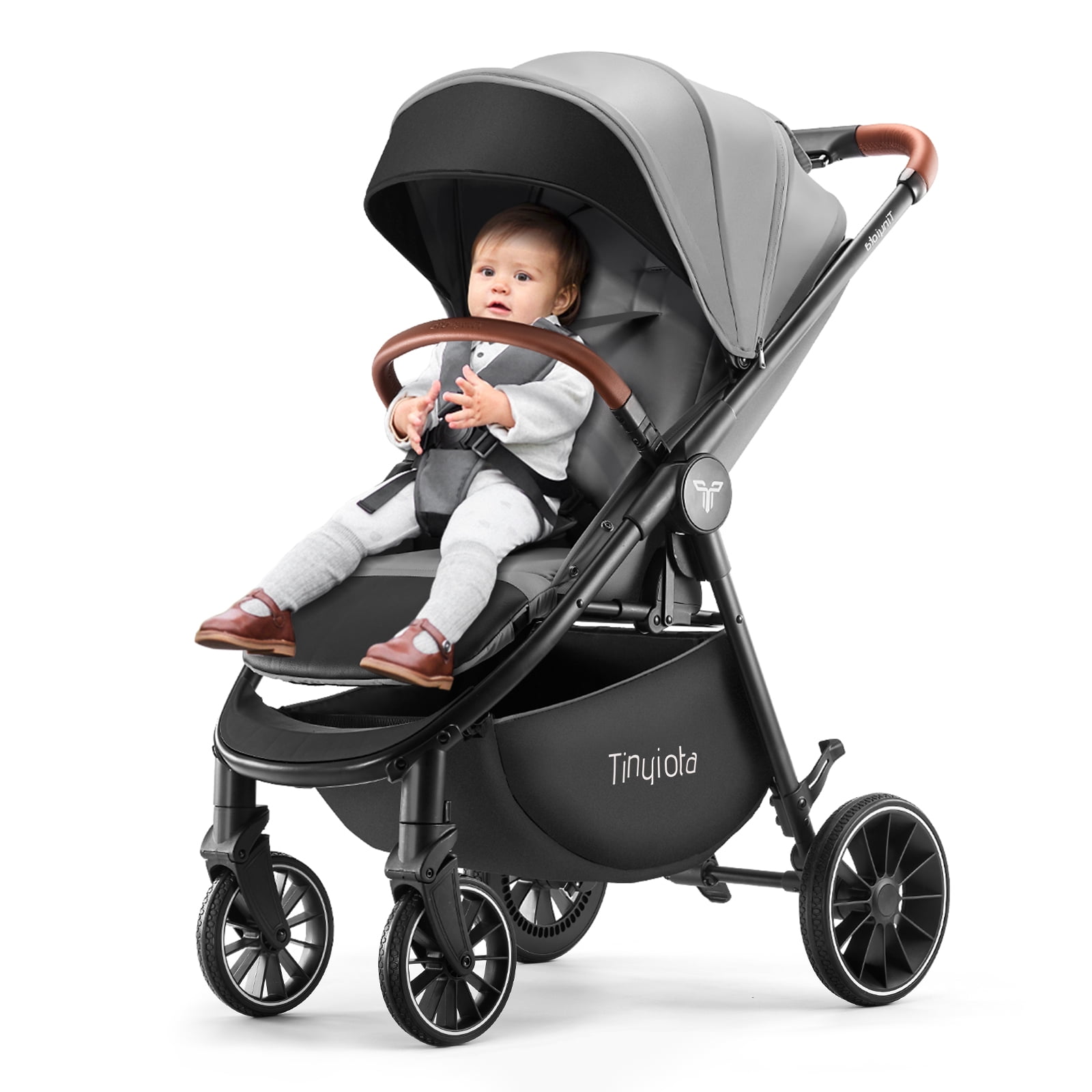 Tinyiota One-Hand Fold Baby Stroller with UPF 50+ Canopy and Leather Handle, Gray - Image 4