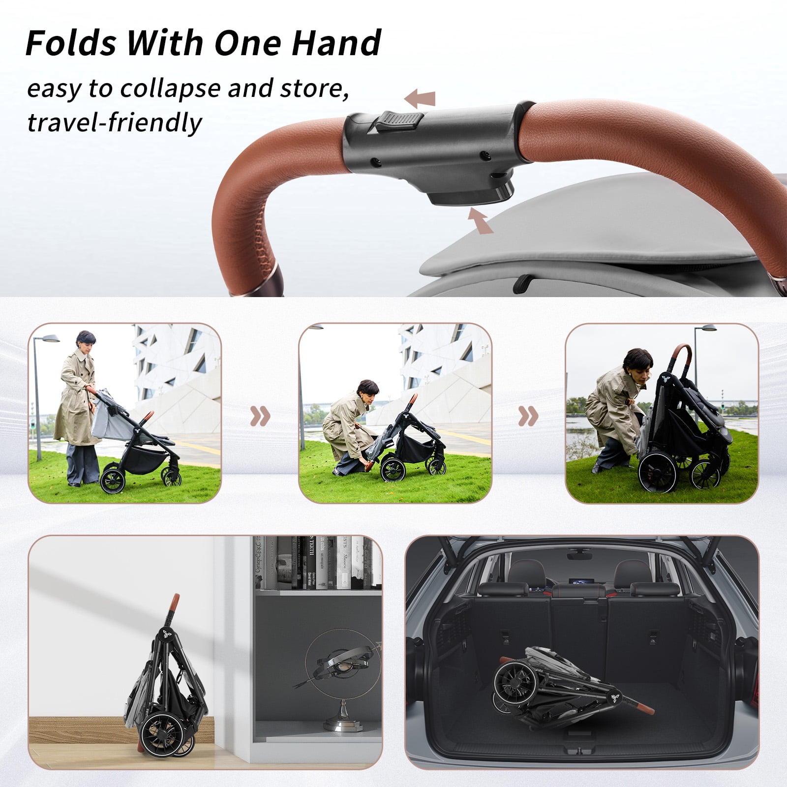 Tinyiota One-Hand Fold Baby Stroller with UPF 50+ Canopy and Leather Handle, Gray - Image 5
