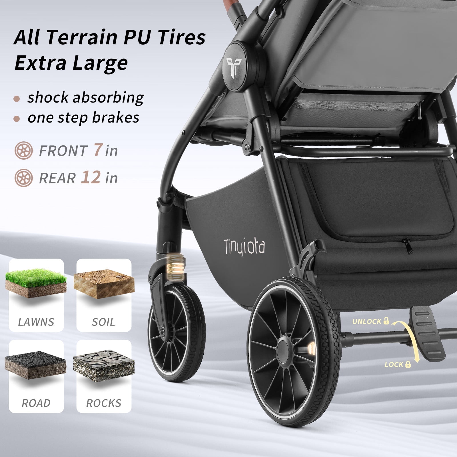 Tinyiota One-Hand Fold Baby Stroller with UPF 50+ Canopy and Leather Handle, Gray - Image 2
