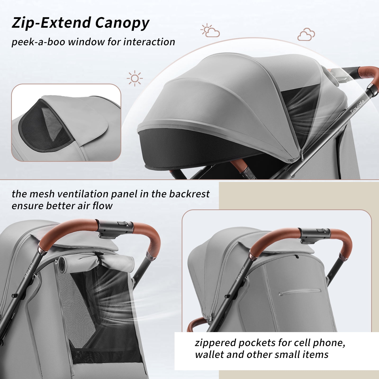 Tinyiota One-Hand Fold Baby Stroller with UPF 50+ Canopy and Leather Handle, Gray - Image 3