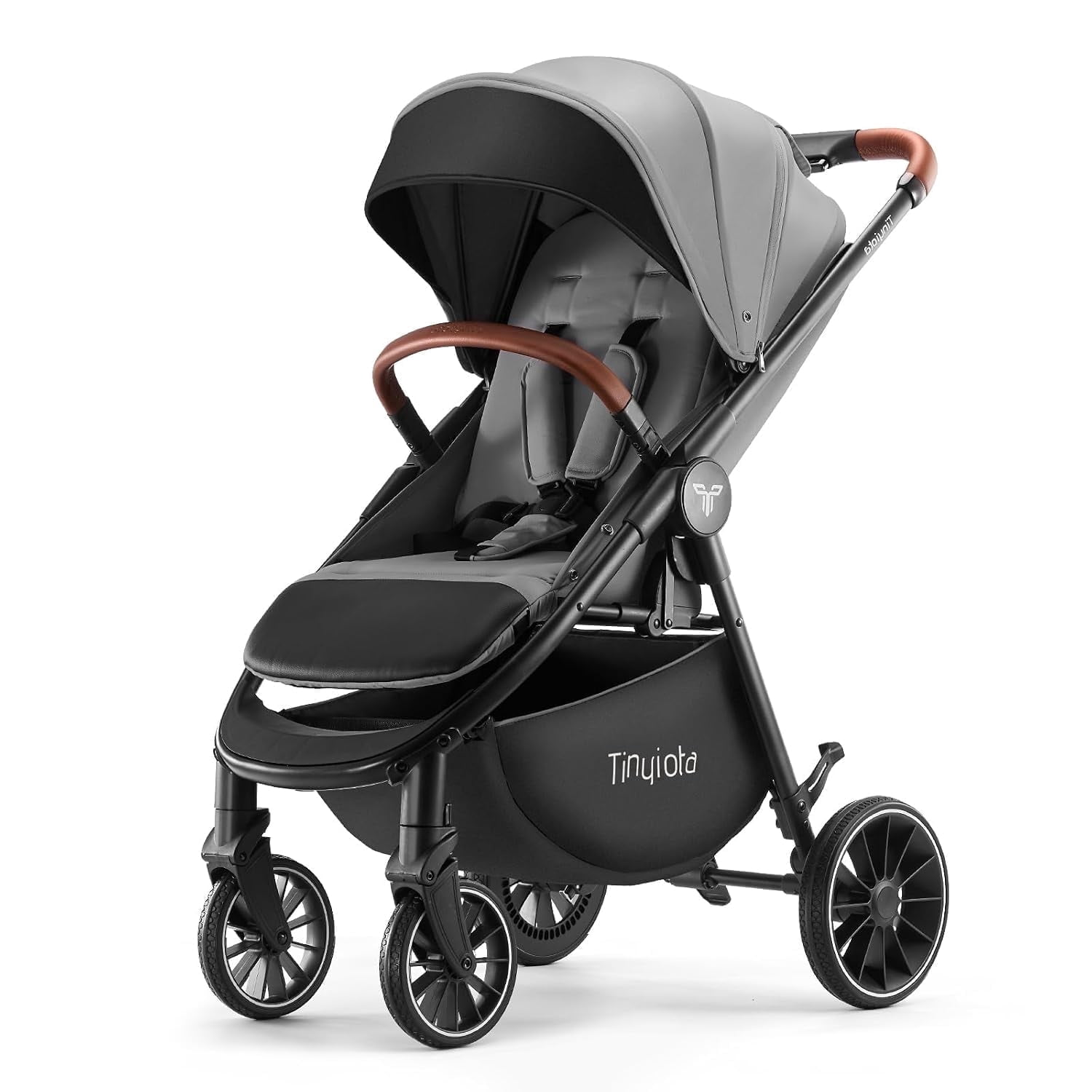 Tinyiota One-Hand Fold Baby Stroller with UPF 50+ Canopy and Leather Handle, Gray