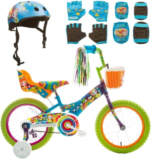 Titan Girl's Multi-Color Flower Princess BMX Bike for 4-9 Years Girls with Training Wheels 16 Inch Kids Toddler Bicycle with Protective Elbow Knee Pads and a Small Size Helmet
