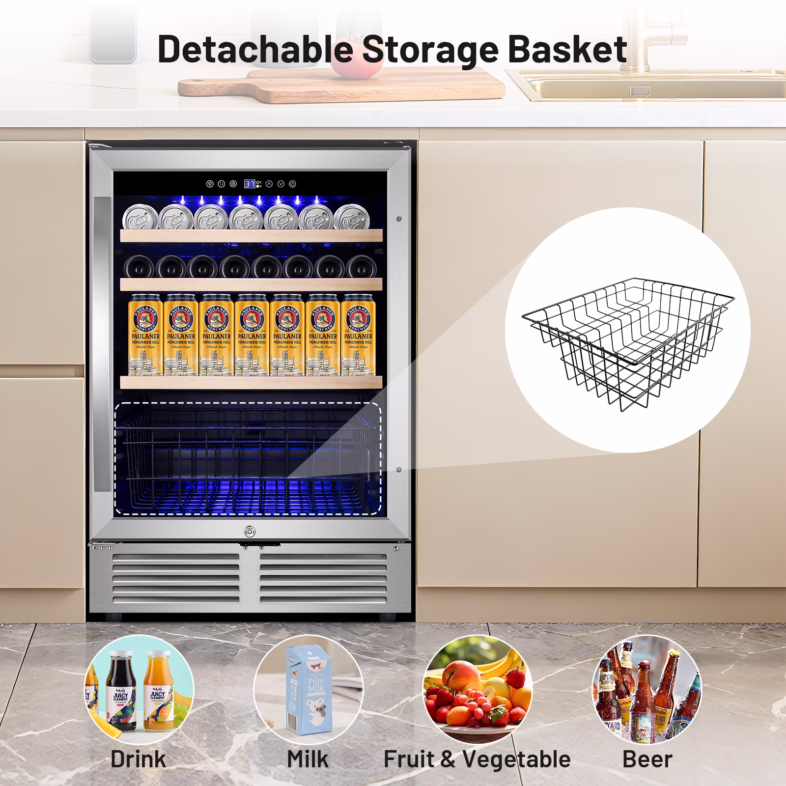 TITTLA 24 inch Beverage Refrigerator,180 Cans Under Counter Refrigerator with Glass Door for Kitchen Bar Office,Silver - Image 2