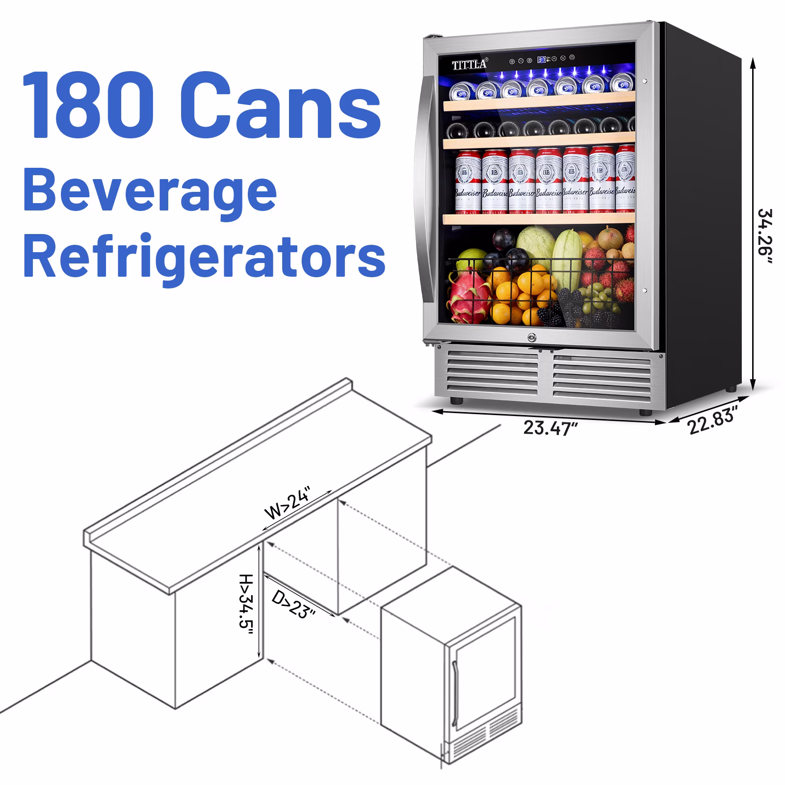 TITTLA 24 inch Beverage Refrigerator,180 Cans Under Counter Refrigerator with Glass Door for Kitchen Bar Office,Silver - Image 5