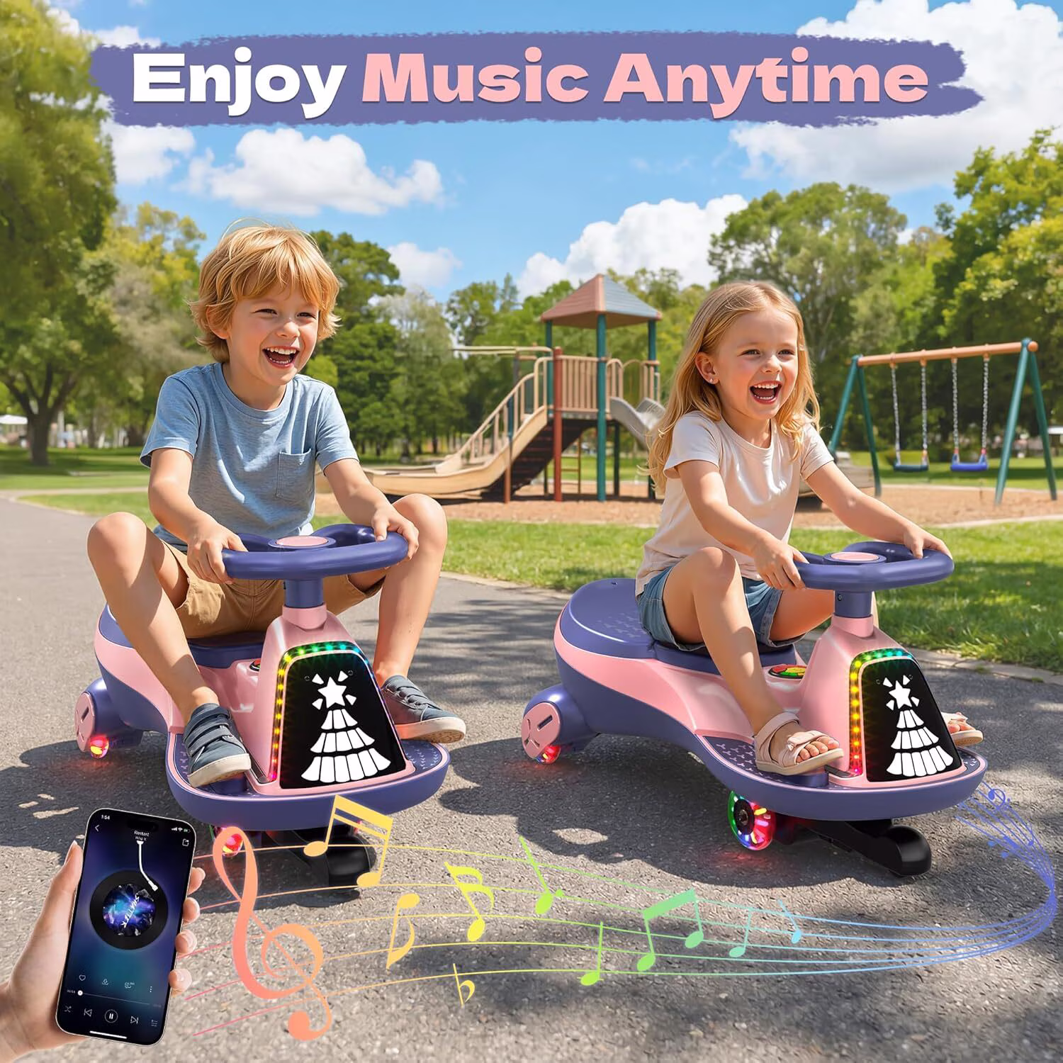TOKTOO 12V Electric Wiggle Car for Kids, 2 Seater Ride On Toy with Music, Bluetooth & LED Lights, 2 in 1 Kids Electric Ride On Car for Ages 3+, Pink - Image 3