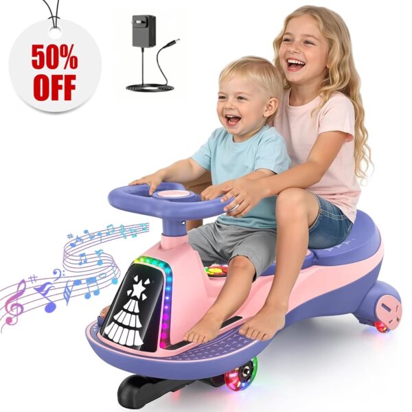 TOKTOO 12V Electric Wiggle Car for Kids, 2 Seater Ride On Toy with Music, Bluetooth & LED Lights, 2 in 1 Kids Electric Ride On Car for Ages 3+, Pink