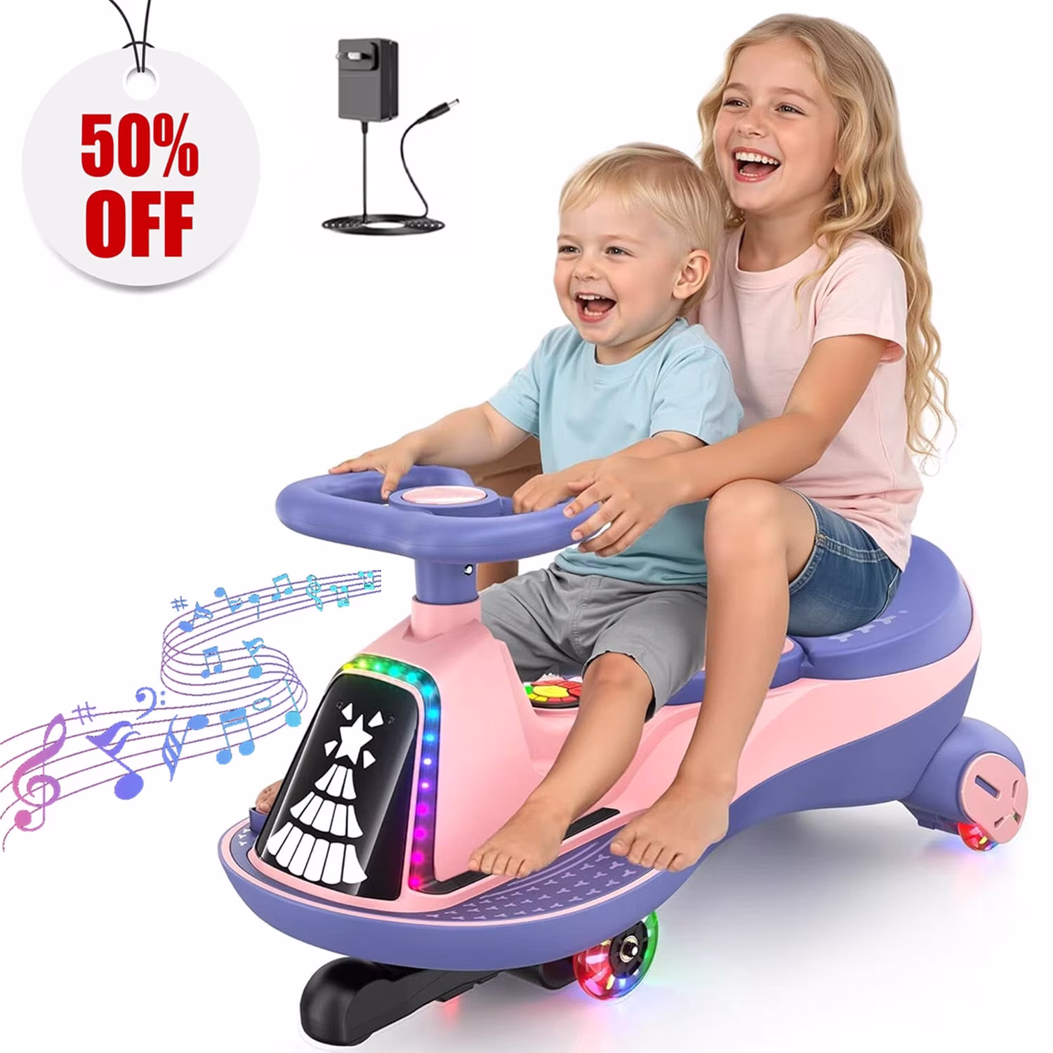 TOKTOO 12V Electric Wiggle Car for Kids, 2 Seater Ride On Toy with Music, Bluetooth & LED Lights, 2 in 1 Kids Electric Ride On Car for Ages 3+, Pink