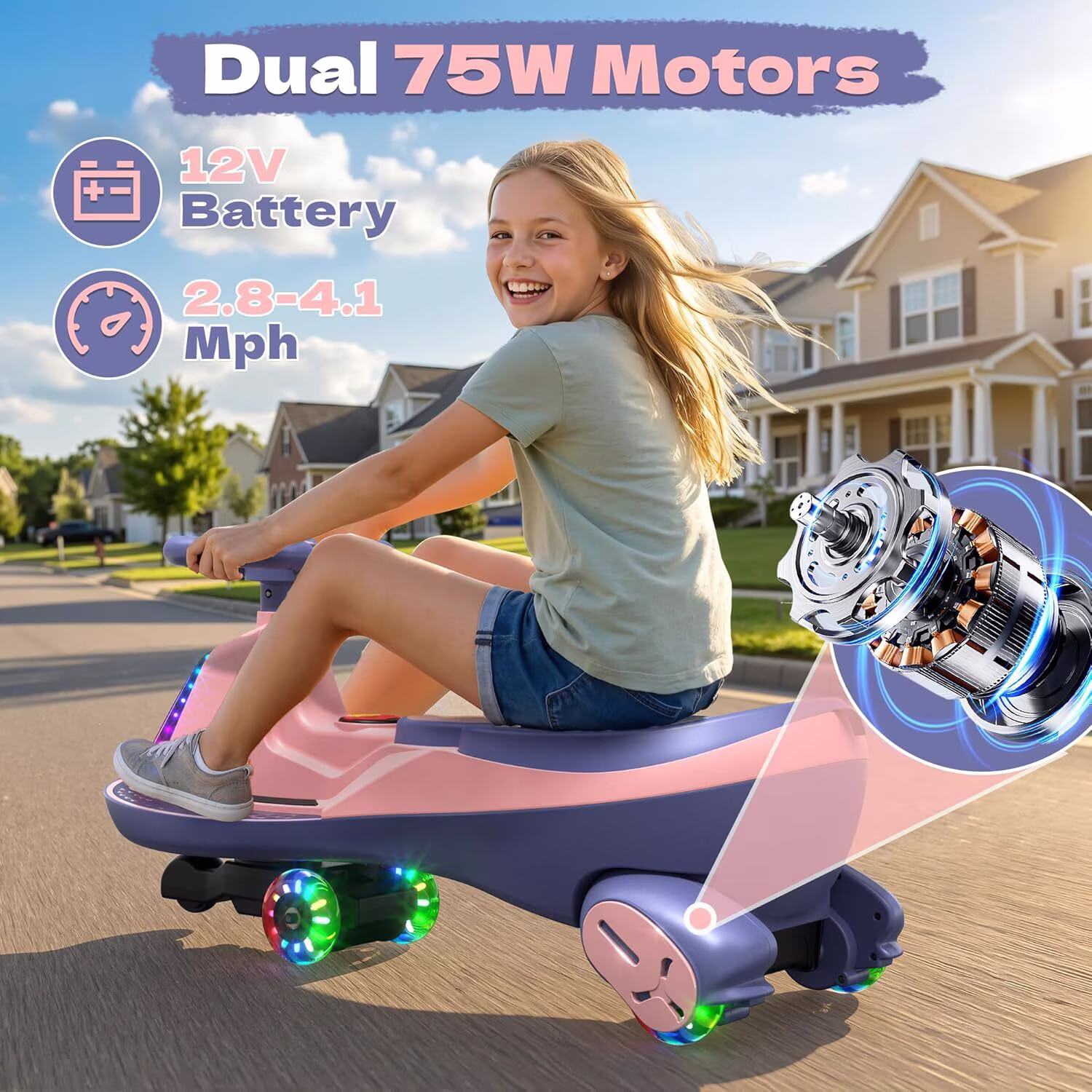 TOKTOO 12V Electric Wiggle Car for Kids, 2 Seater Ride On Toy with Music, Bluetooth & LED Lights, 2 in 1 Kids Electric Ride On Car for Ages 3+, Pink - Image 2