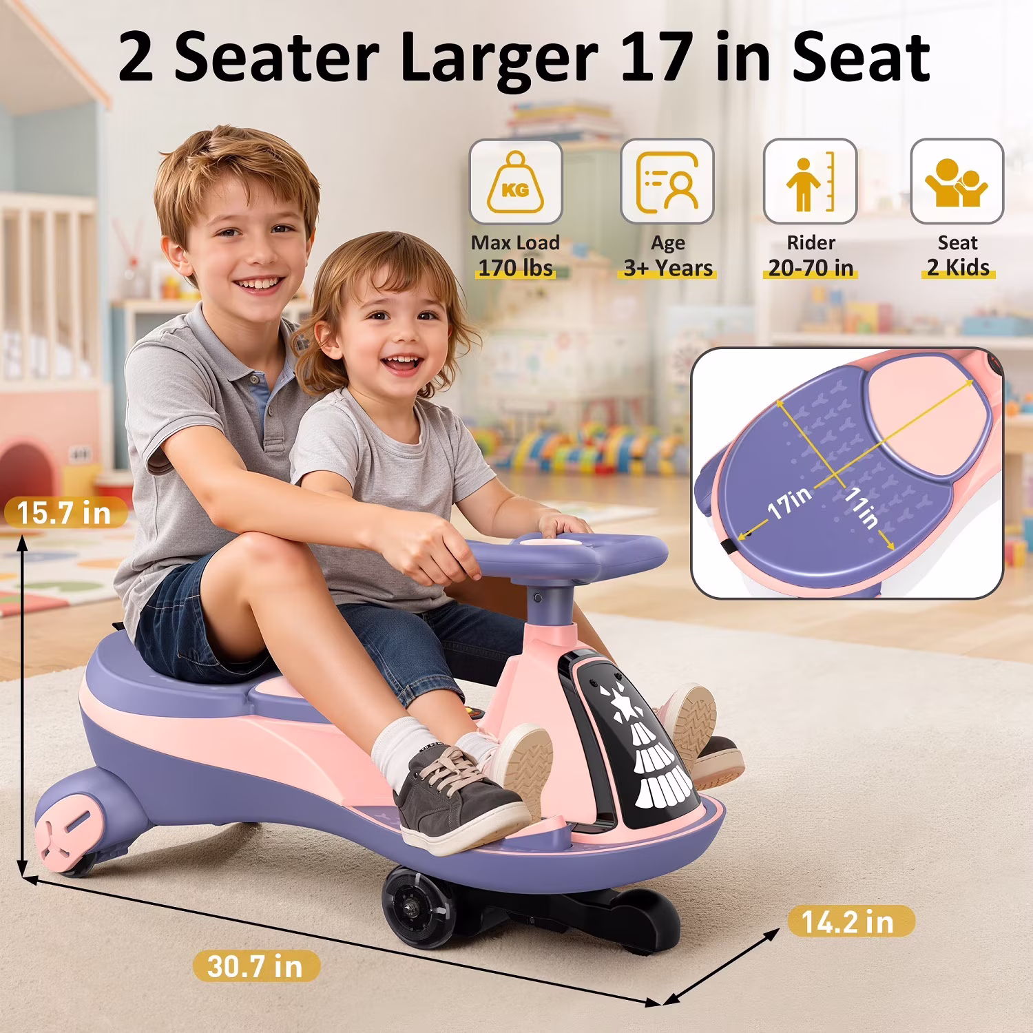 TOKTOO 12V Electric Wiggle Car for Kids, 2 Seater Ride On Toy with Music, Bluetooth & LED Lights, 2 in 1 Kids Electric Ride On Car for Ages 3+, Pink - Image 5