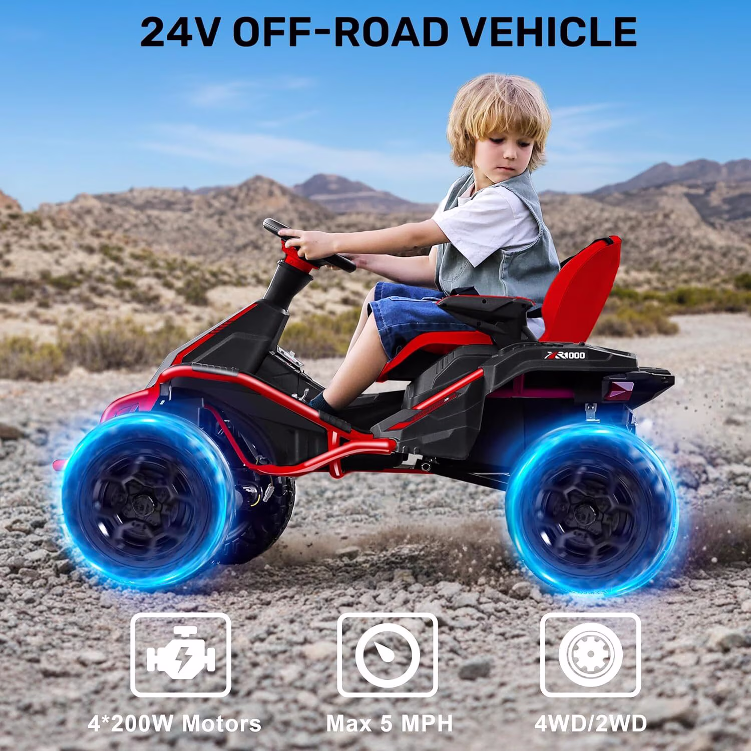 TOKTOO 24V Ride On Toys for Big Kids, 4WD Ride On Car with Parent Remote, 4 Wheeler for Kids Age 5-12, ATV Electric Cars for Kids with Adjustable Seat, LED Lights & Music, Red - Image 2