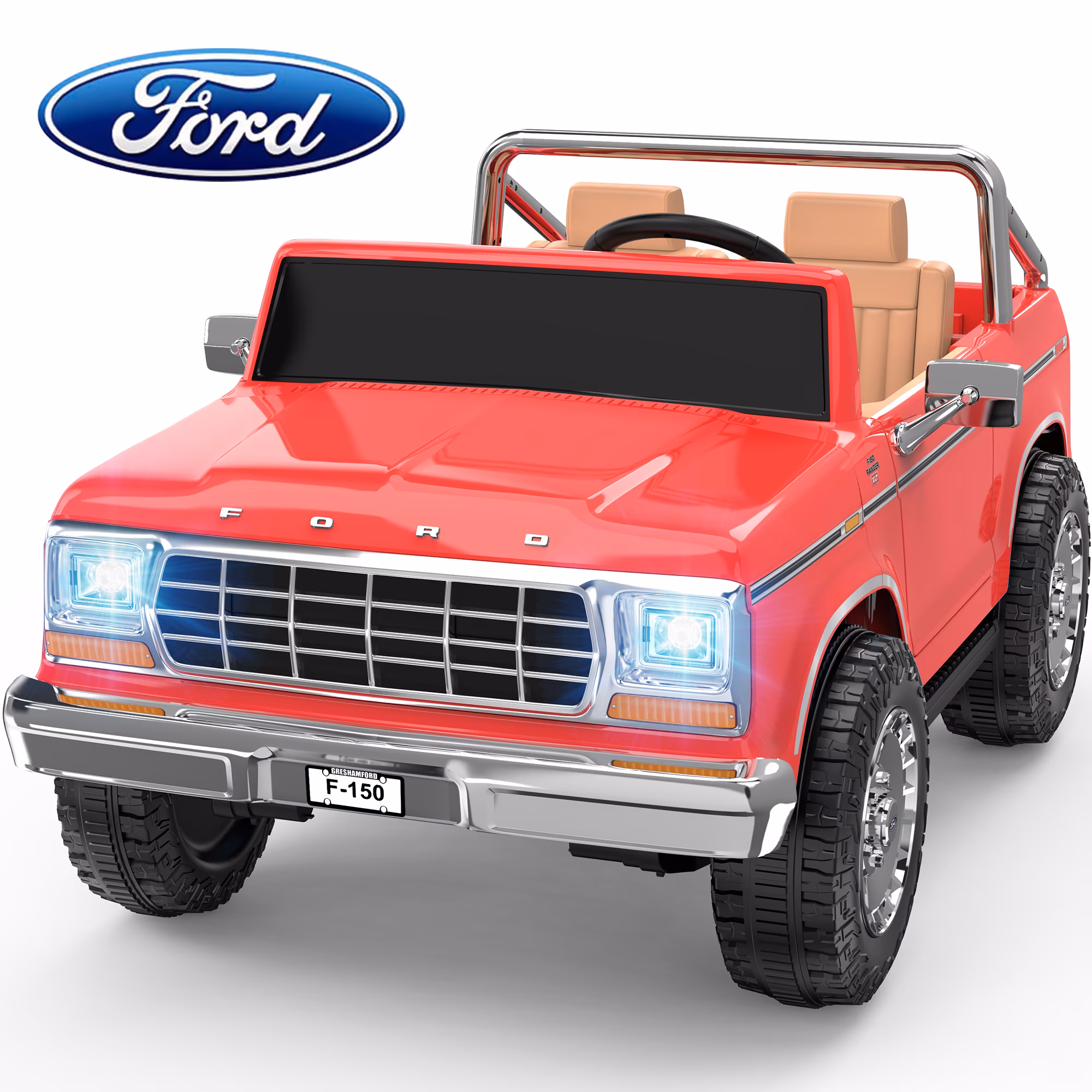 TOKTOO Licensed 1973 Ford F-150 24V 2 Seater Ride On Car for Kids, Electric Ride On Toys with Parent Remote Control, 400W Powerful Wheel, LED Lights, Music Player, Ages 3-8, Coral Red